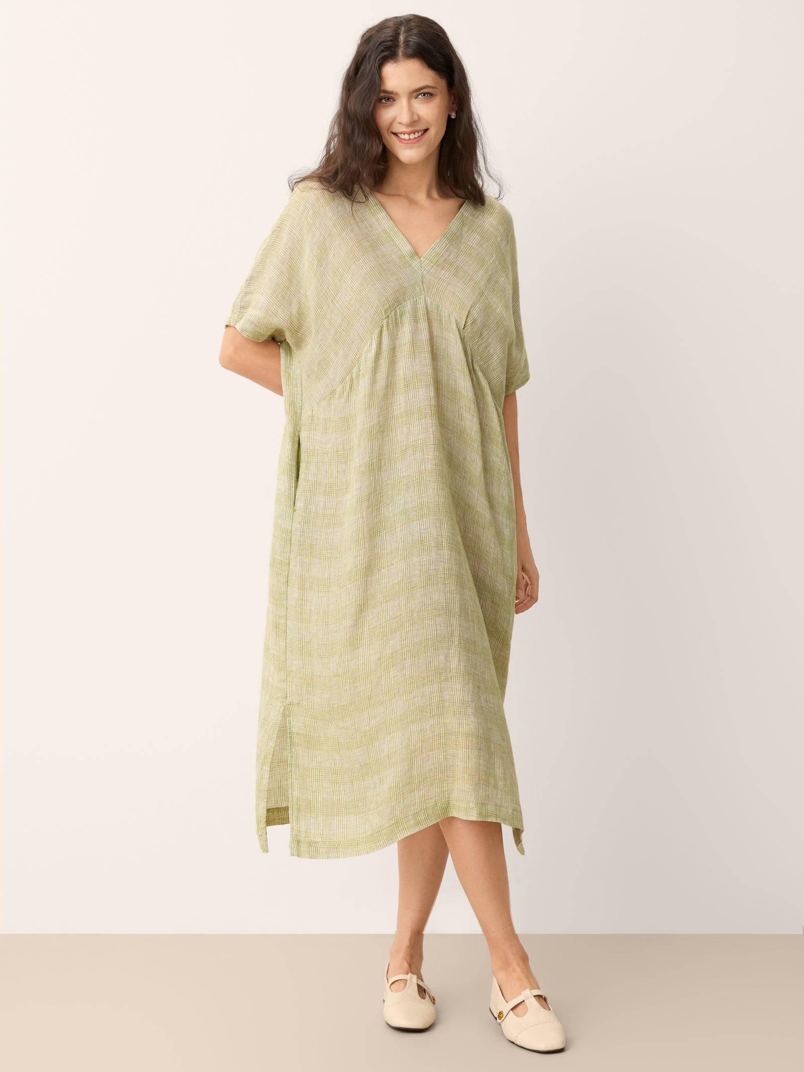 100% Linen Gingham V-Neck Split-Hem Midi Dress BRISEIS