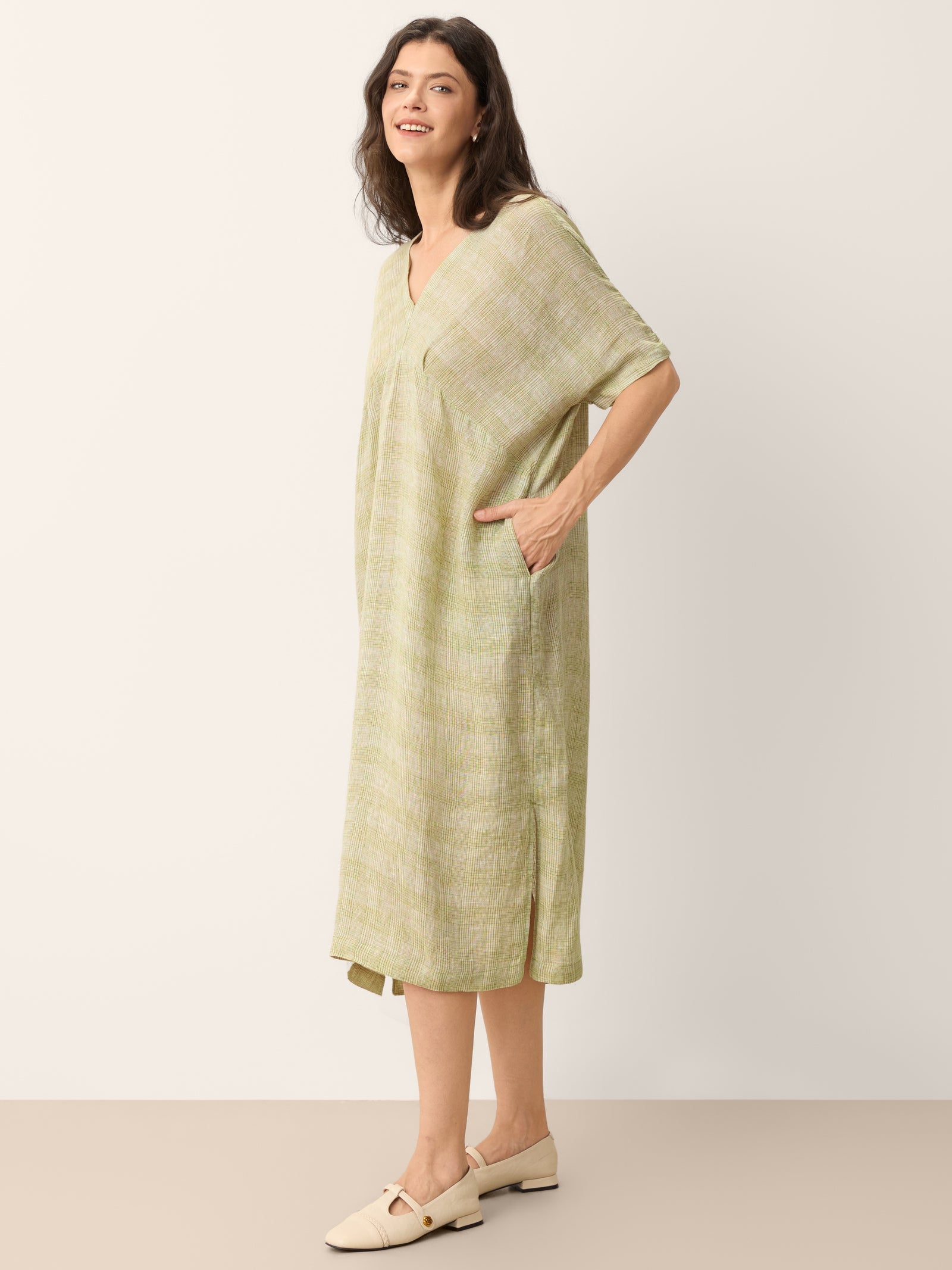 100% Linen Gingham V-Neck Split-Hem Midi Dress BRISEIS