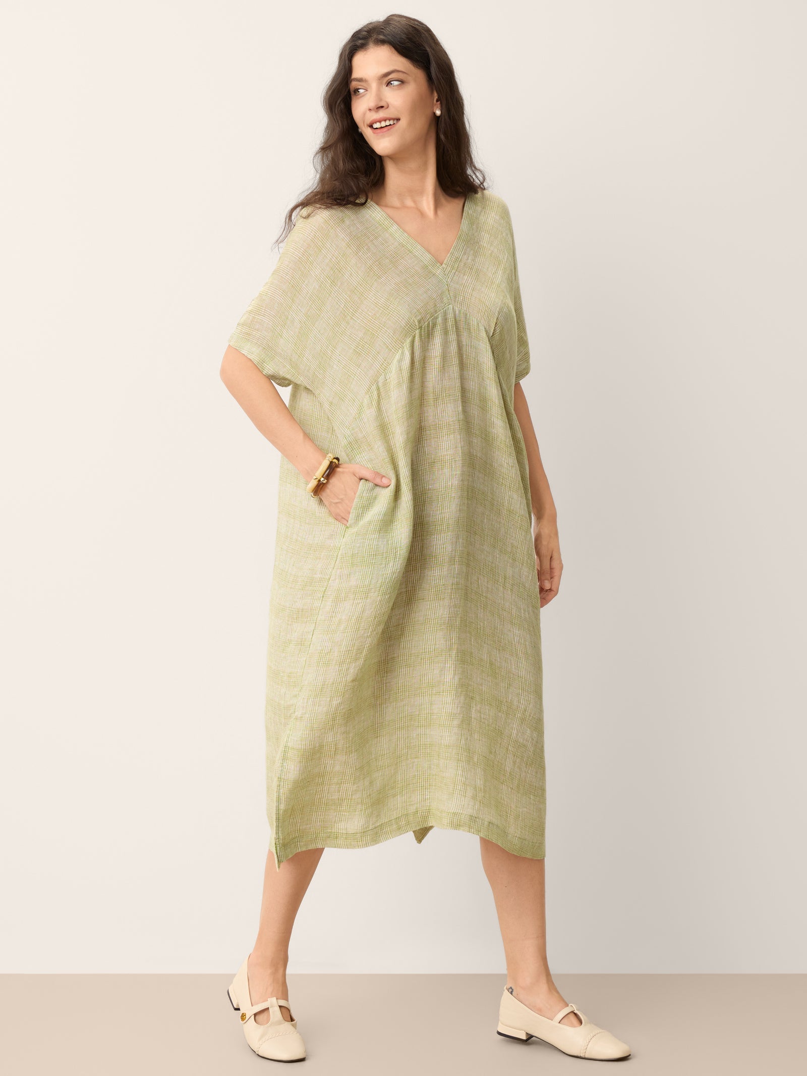 100% Linen Gingham V-Neck Split-Hem Midi Dress BRISEIS