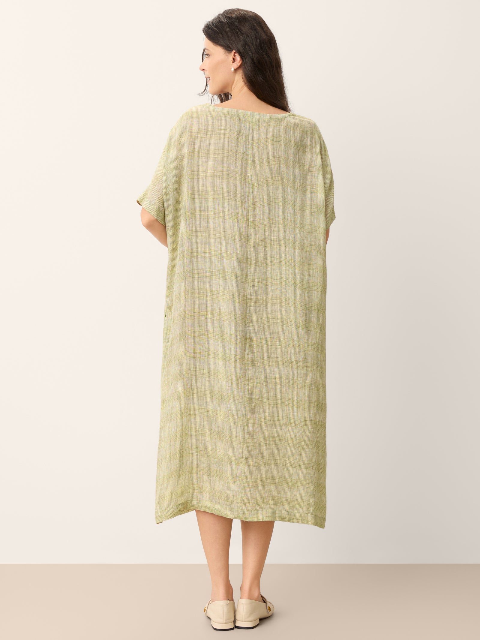 100% Linen Gingham V-Neck Split-Hem Midi Dress BRISEIS
