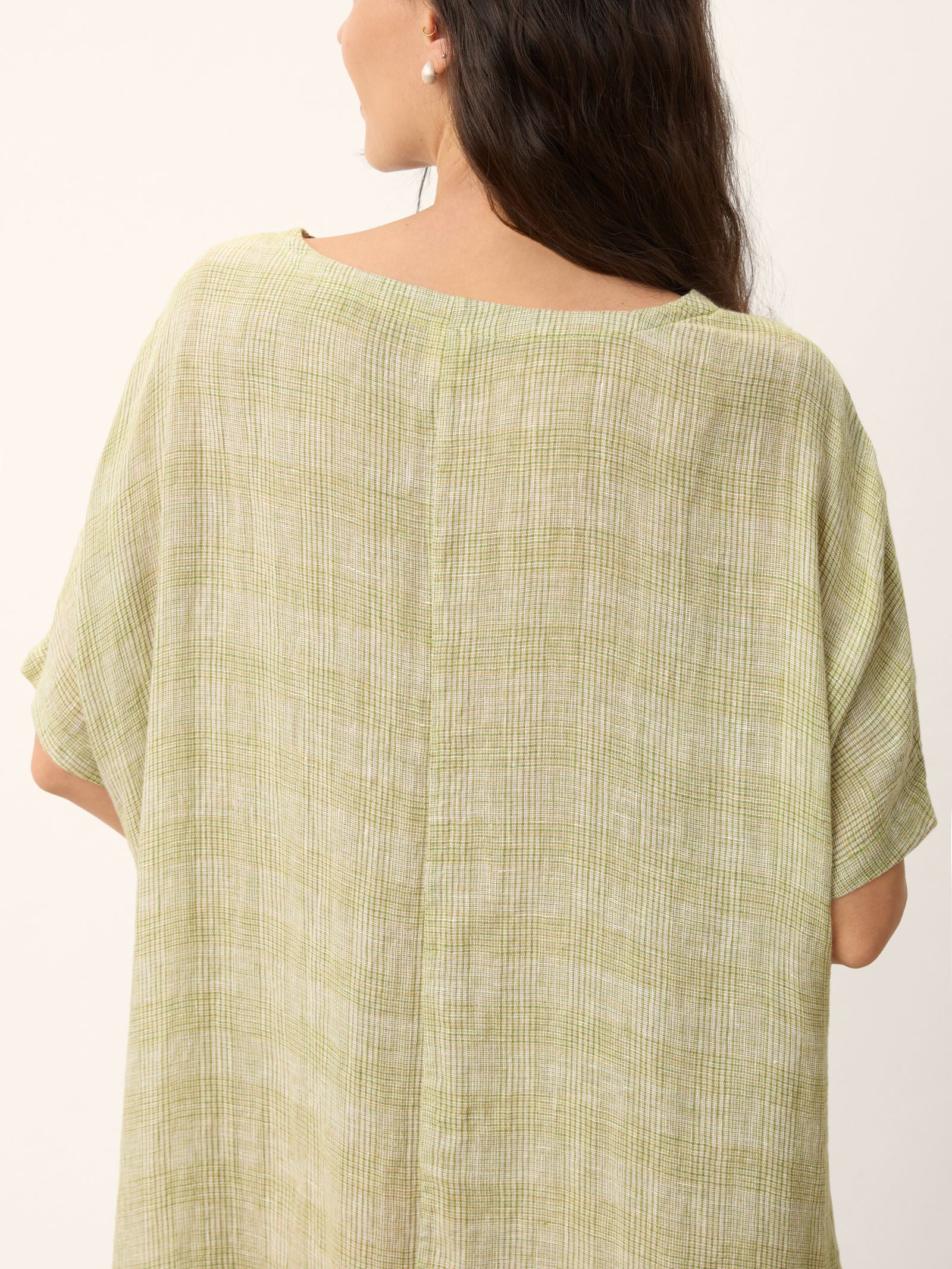 100% Linen Gingham V-Neck Split-Hem Midi Dress BRISEIS