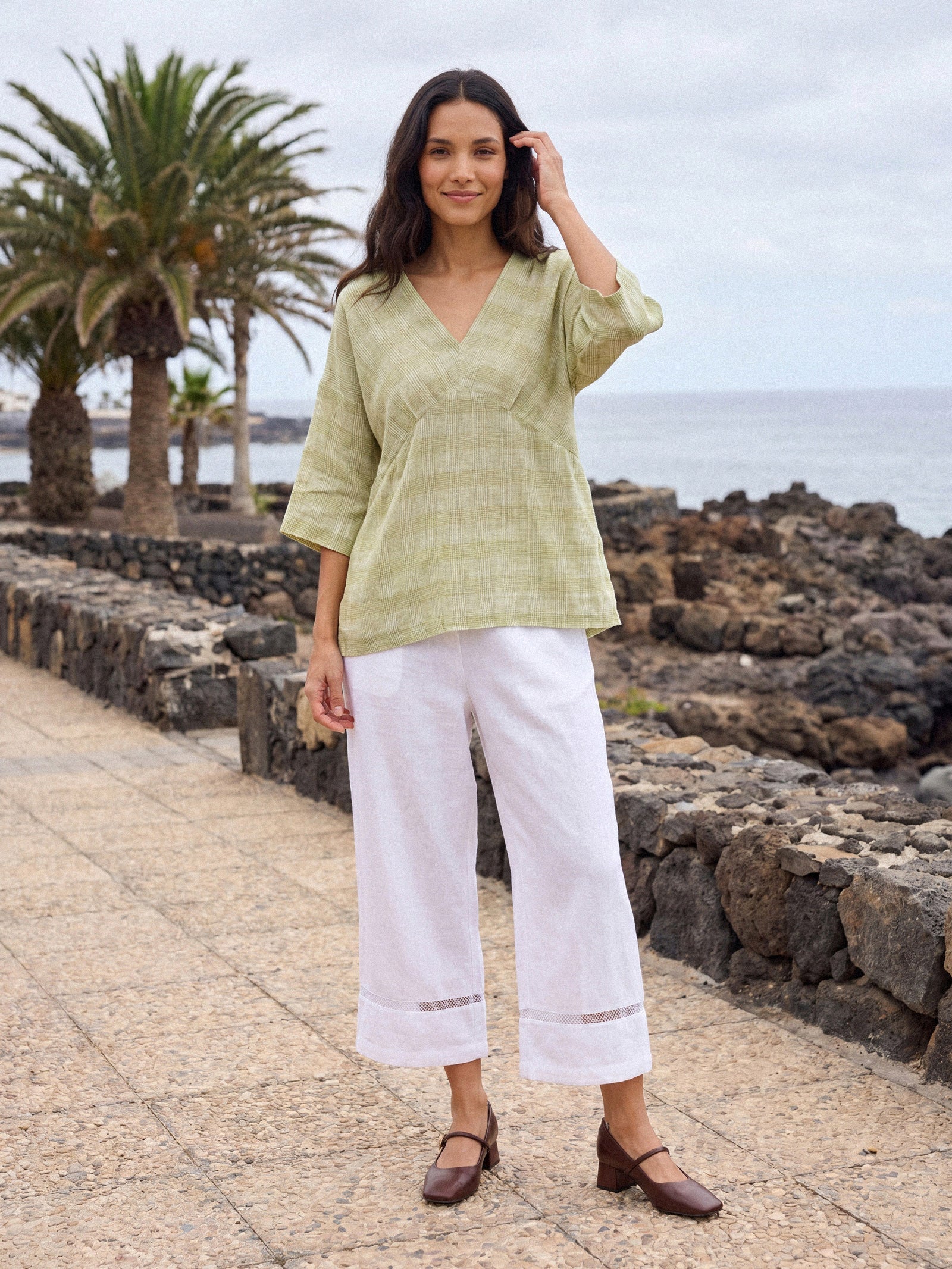 100% Linen Gingham V-Neck High-Low Overtop ALTHEIA
