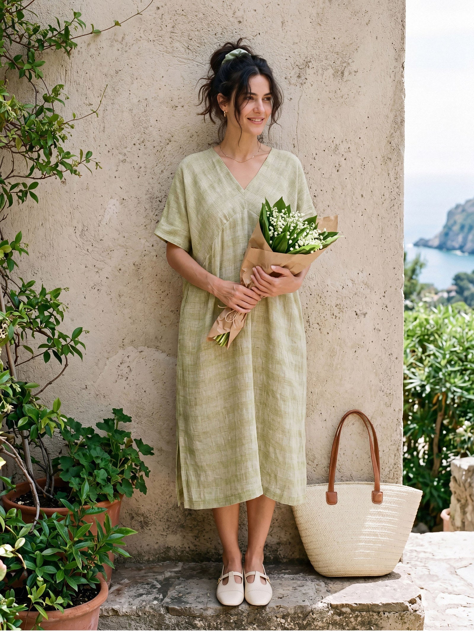 100% Linen Gingham V-Neck Split-Hem Midi Dress BRISEIS