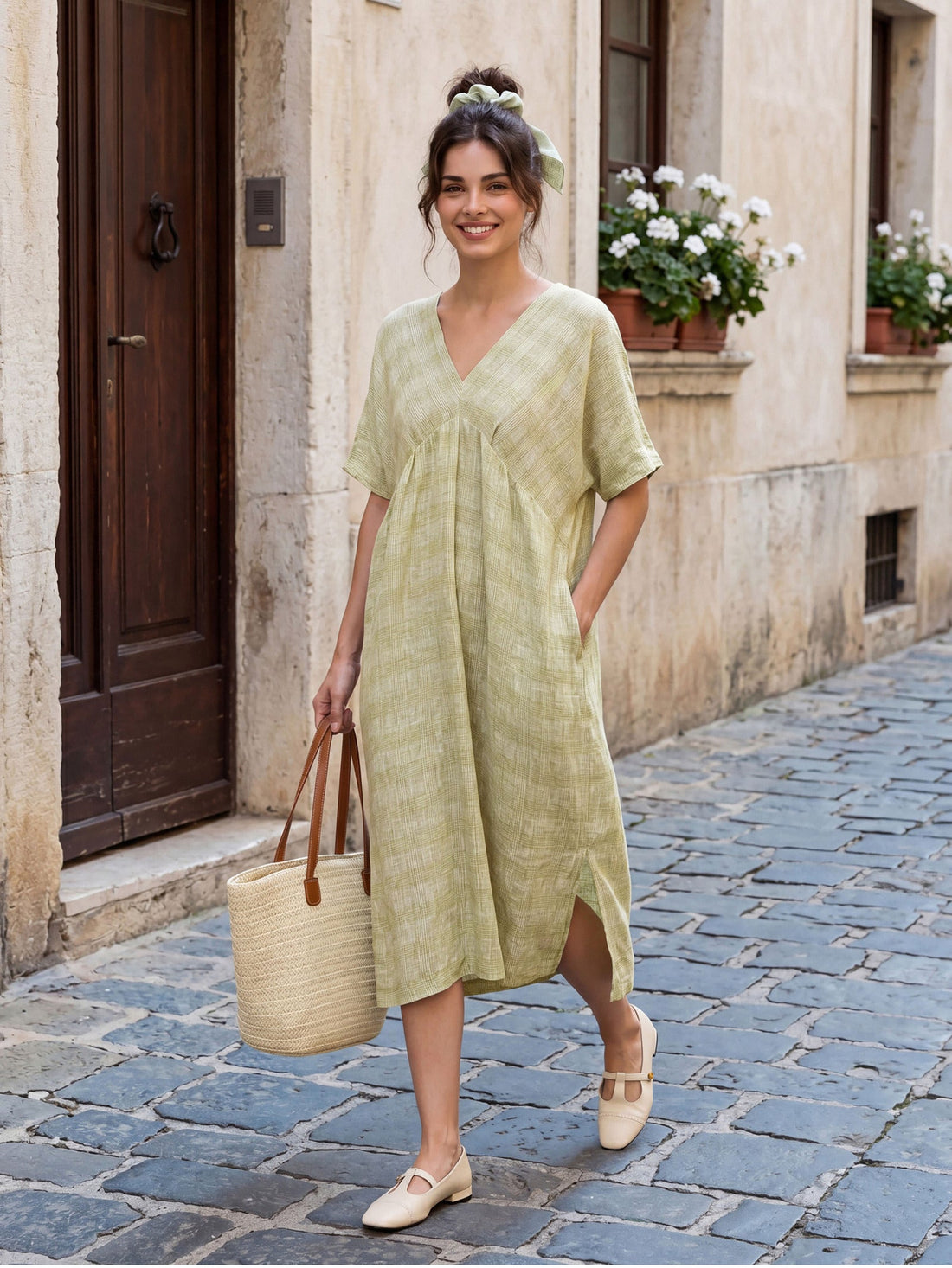 100% Linen Gingham V-Neck Split-Hem Midi Dress BRISEIS