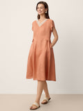 100% Linen Lace-Trim V-Neck Tailored-Waist Midi Dress ELENI