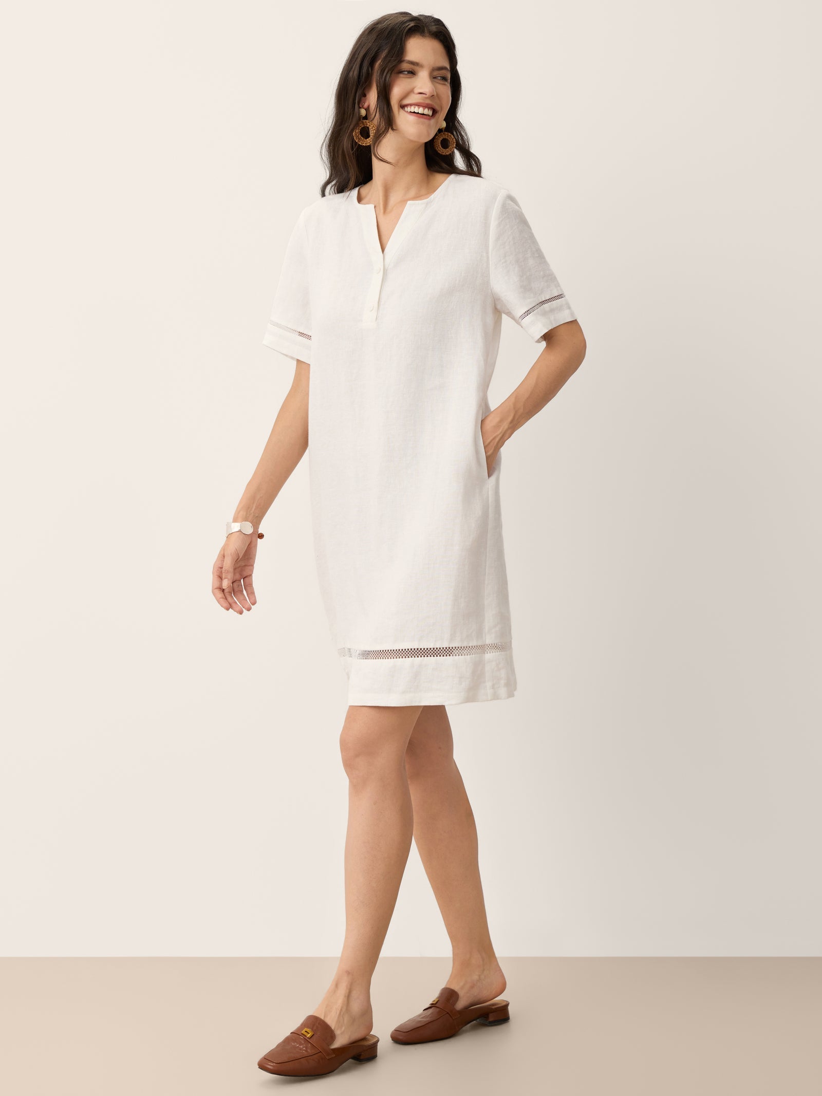 100% Linen Lace Trim Drawstring Waist Mini Dress BELLAMY