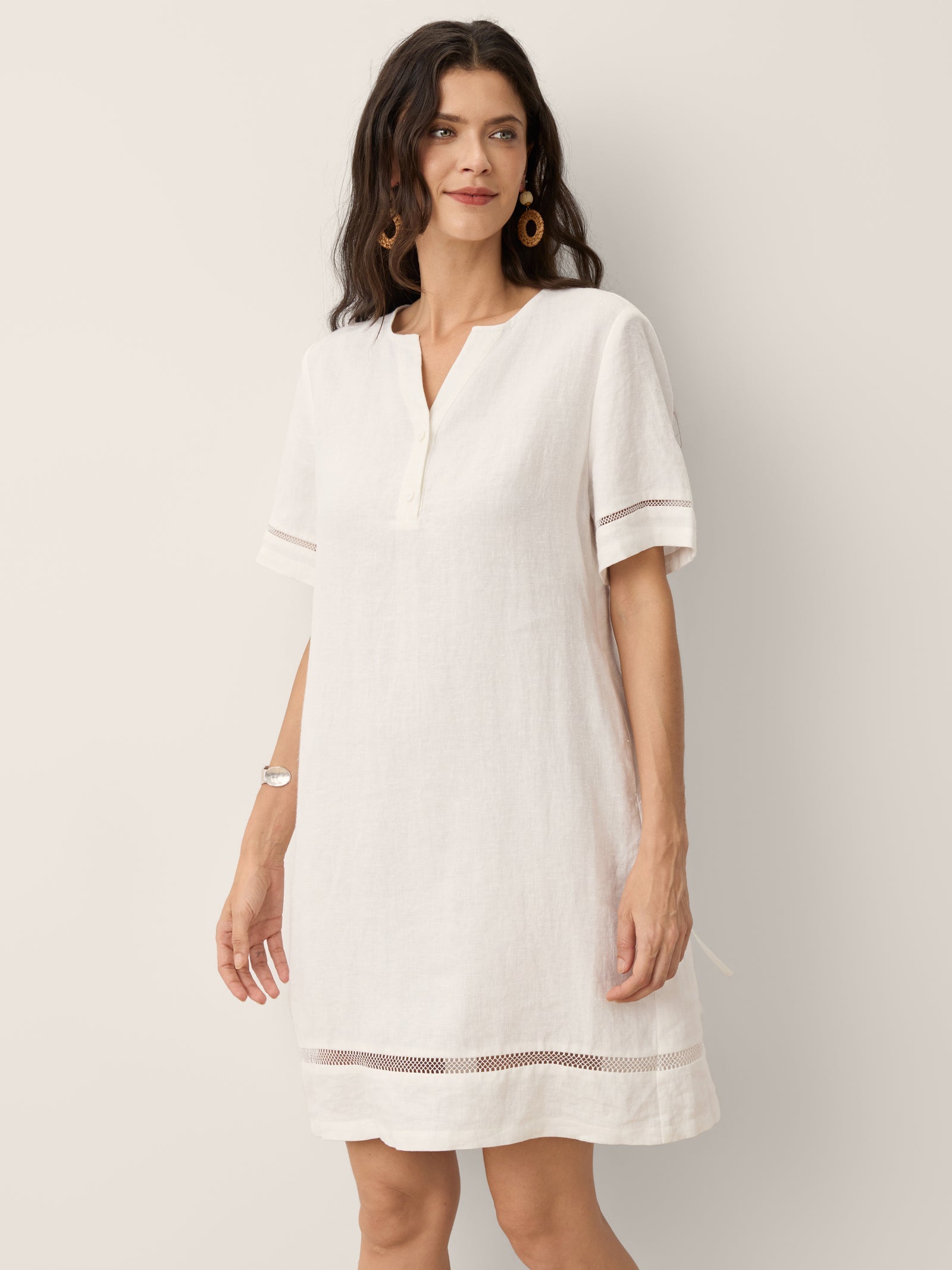 100% Linen Lace Trim Drawstring Waist Mini Dress BELLAMY