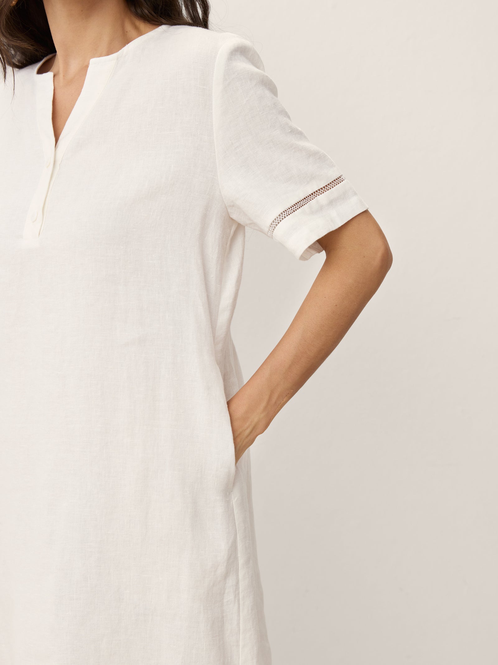 100% Linen Lace Trim Drawstring Waist Mini Dress BELLAMY