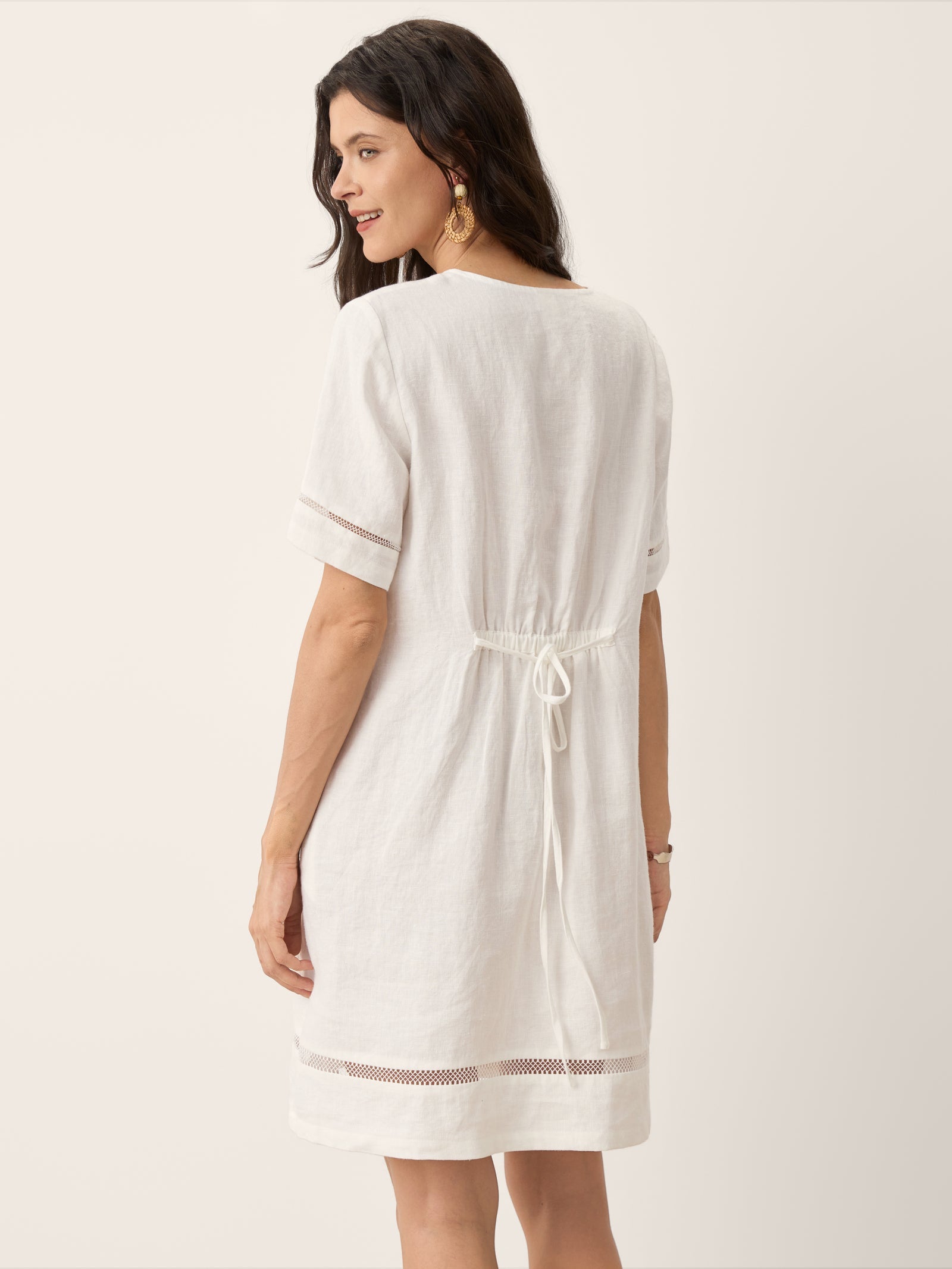 100% Linen Lace Trim Drawstring Waist Mini Dress BELLAMY