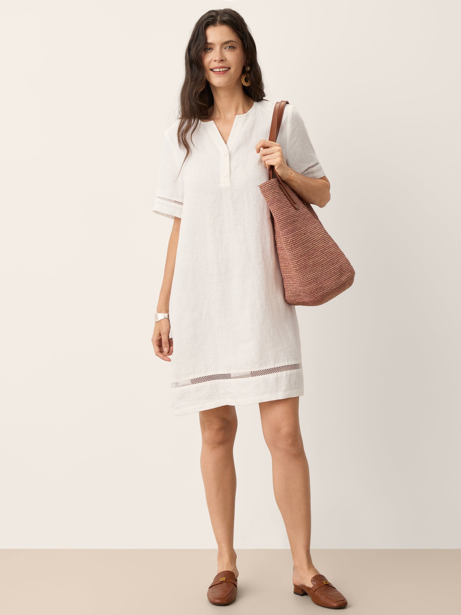 100% Linen Lace Trim Drawstring Waist Mini Dress BELLAMY