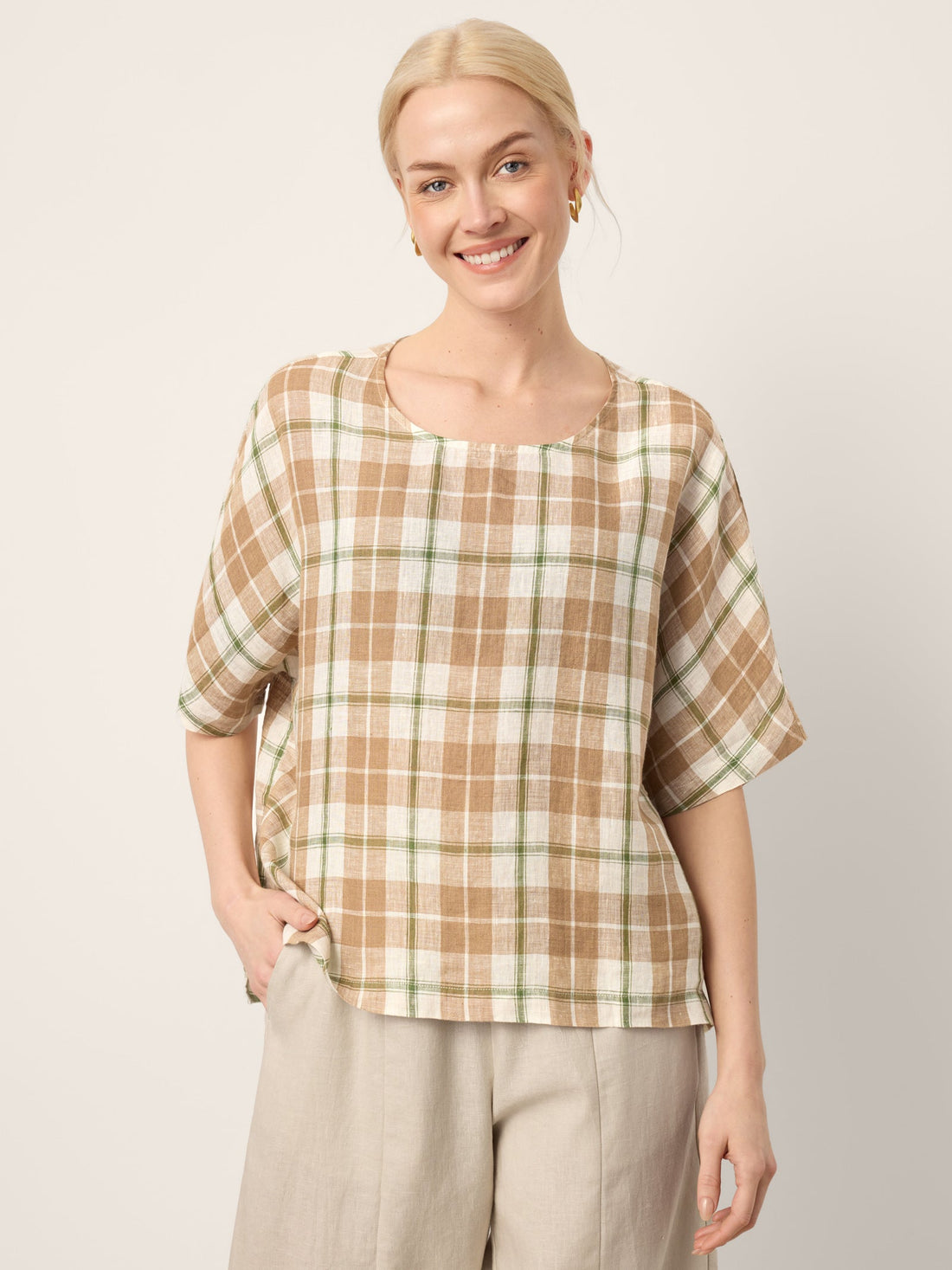 100% Linen Plaid Drop Shoulder Side Slit Top LORNA