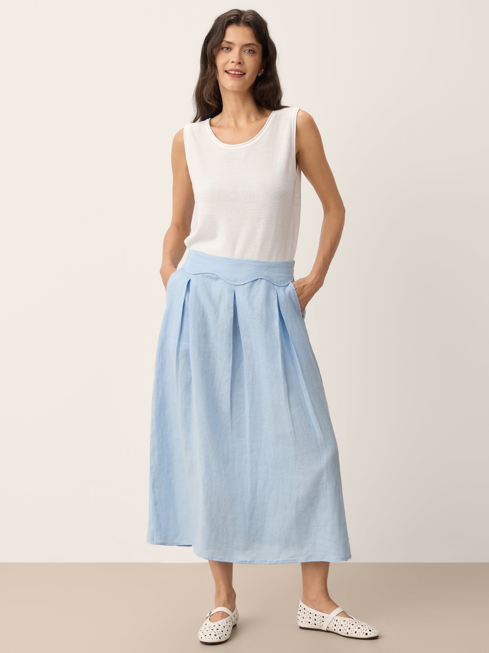 100% Linen Scalloped Waist Elasticated Back A-Line Skirt BRISEIS