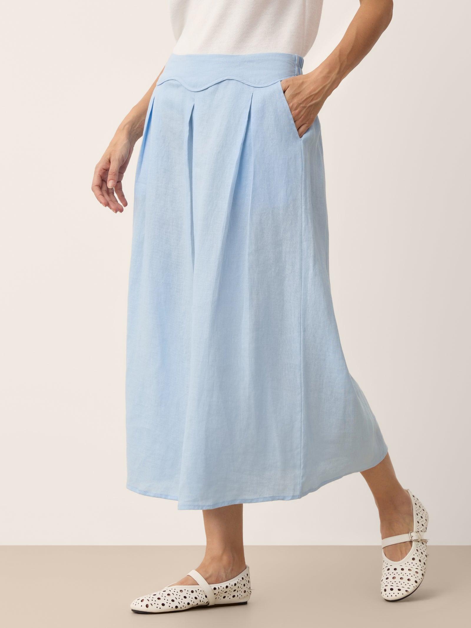 100% Linen Scalloped Waist Elasticated Back A-Line Skirt BRISEIS