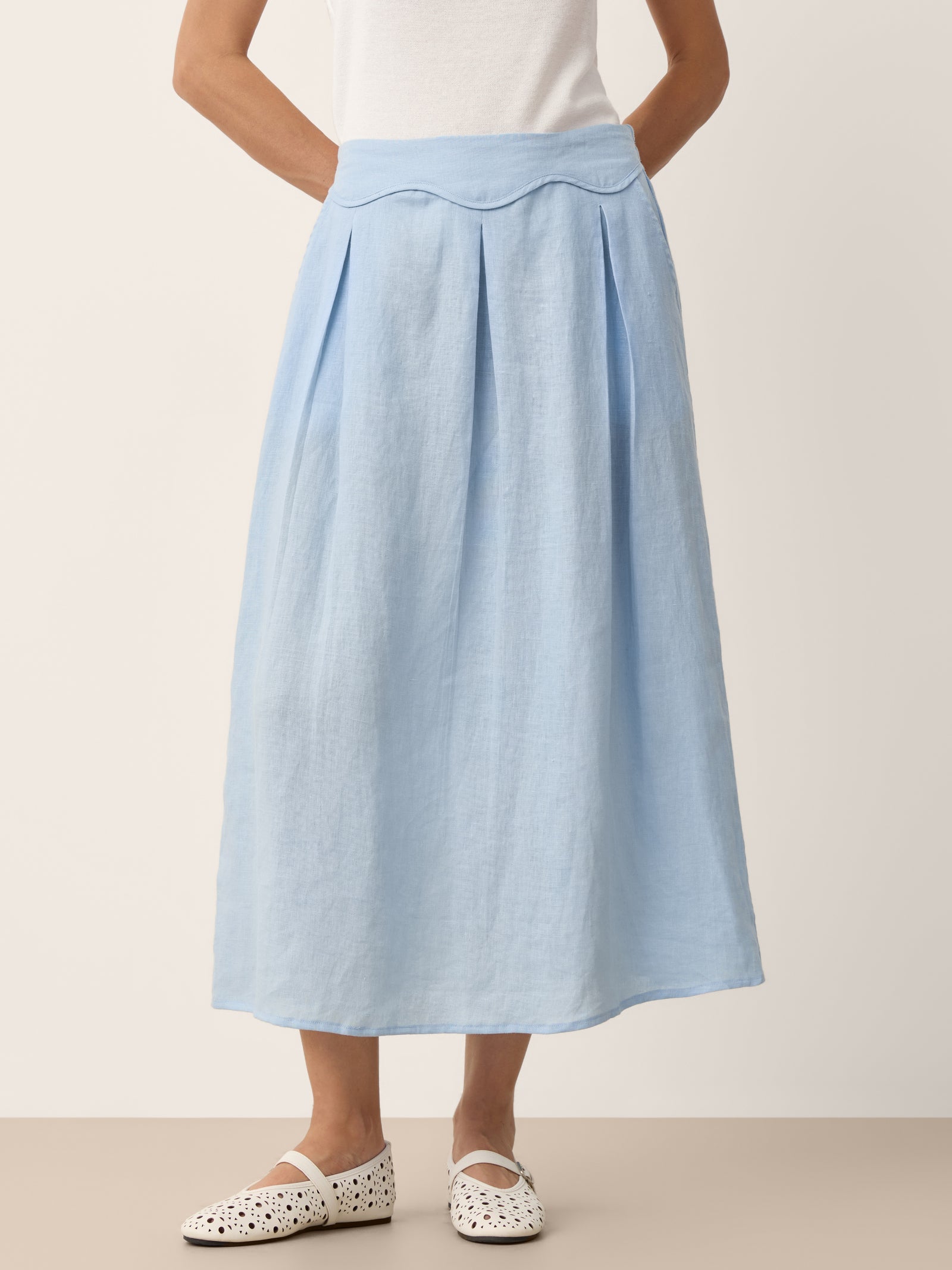 100% Linen Scalloped Waist Elasticated Back A-Line Skirt BRISEIS