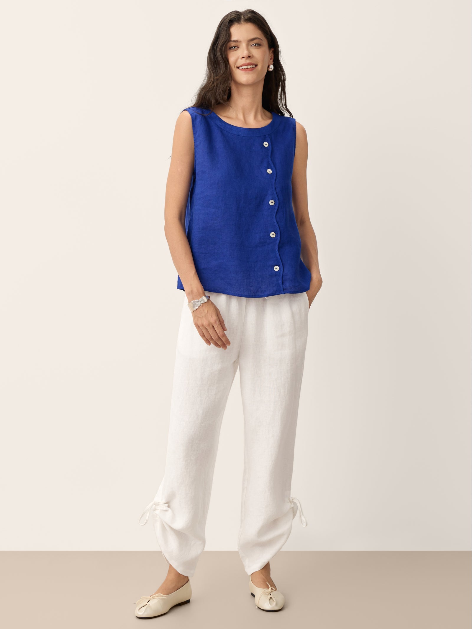100% Linen Shell Button Detail Sleeveless Top GALATEA
