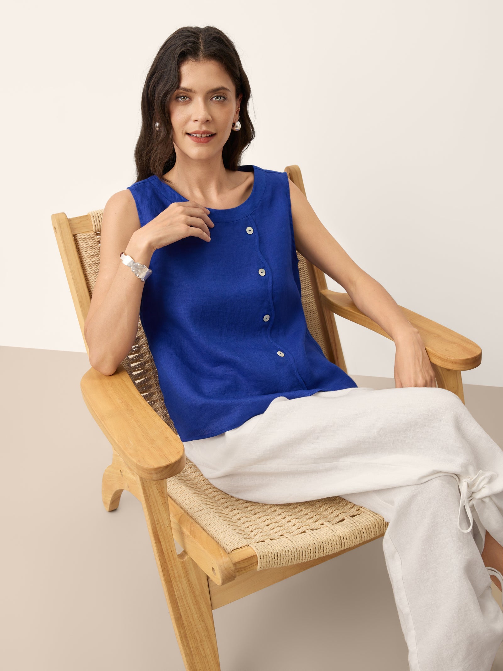 100% Linen Shell Button Detail Sleeveless Top GALATEA
