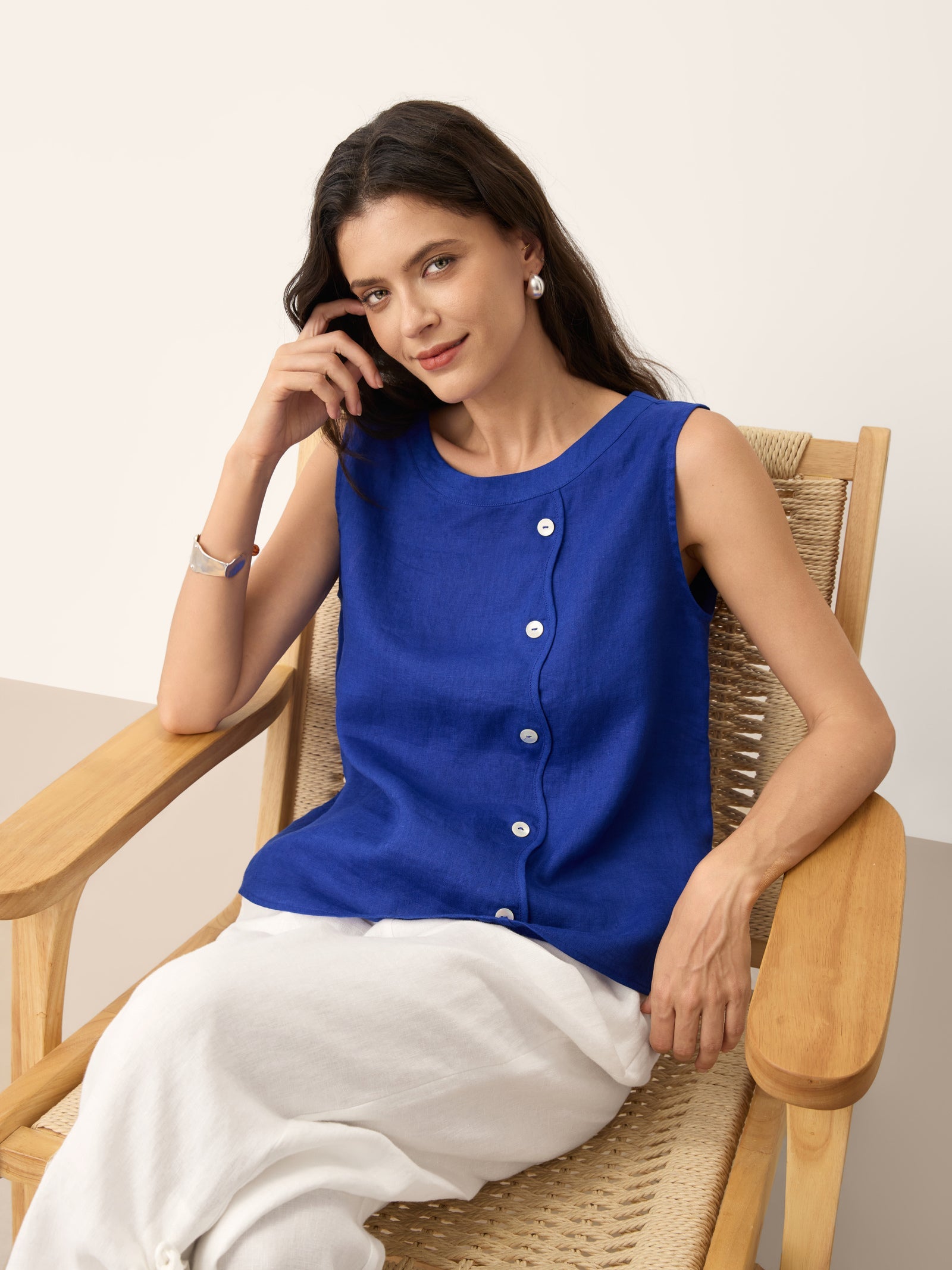 100% Linen Shell Button Detail Sleeveless Top GALATEA