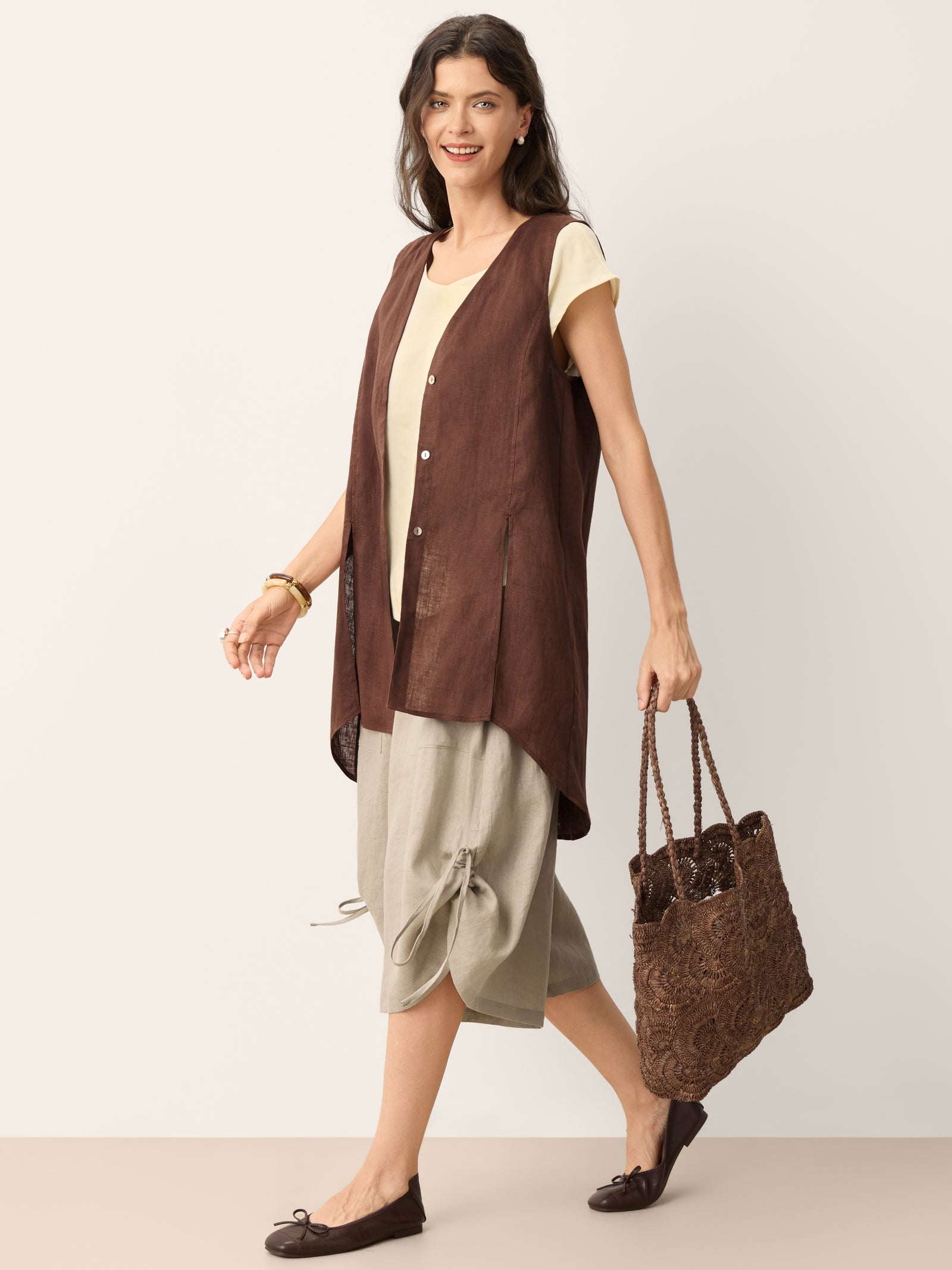 100% Linen Shell Button Slit Overtop DOMINIQUE