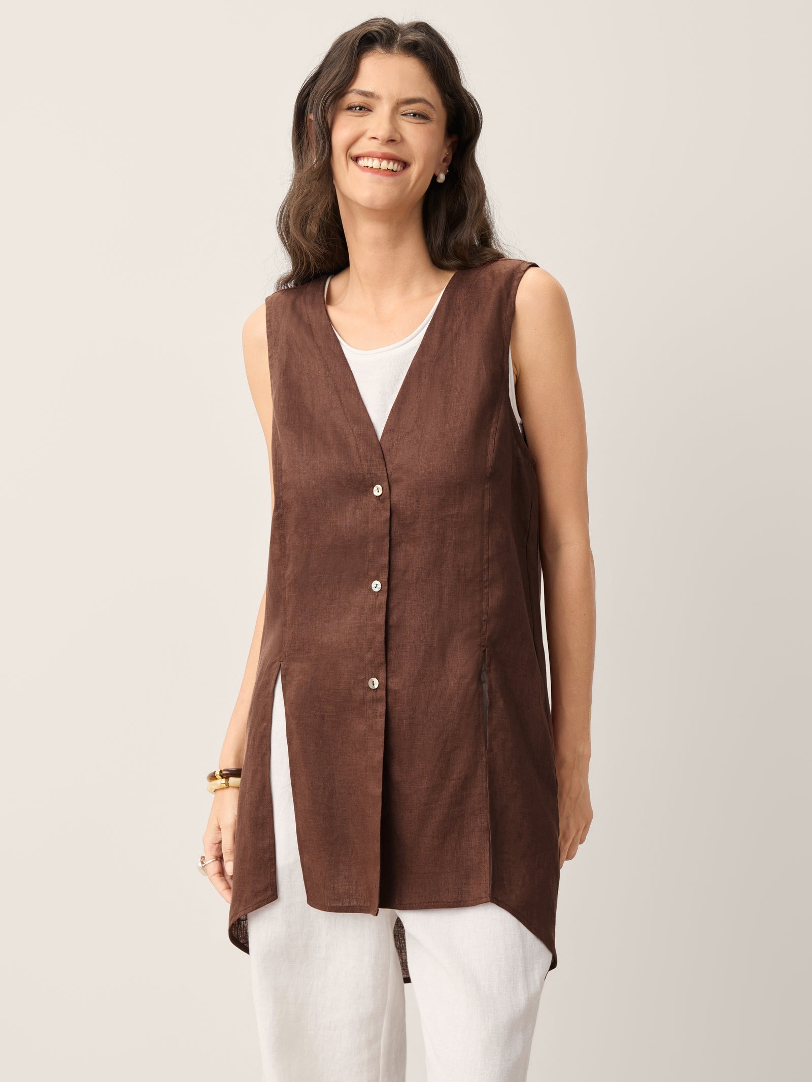 100% Linen Shell Button Slit Overtop DOMINIQUE