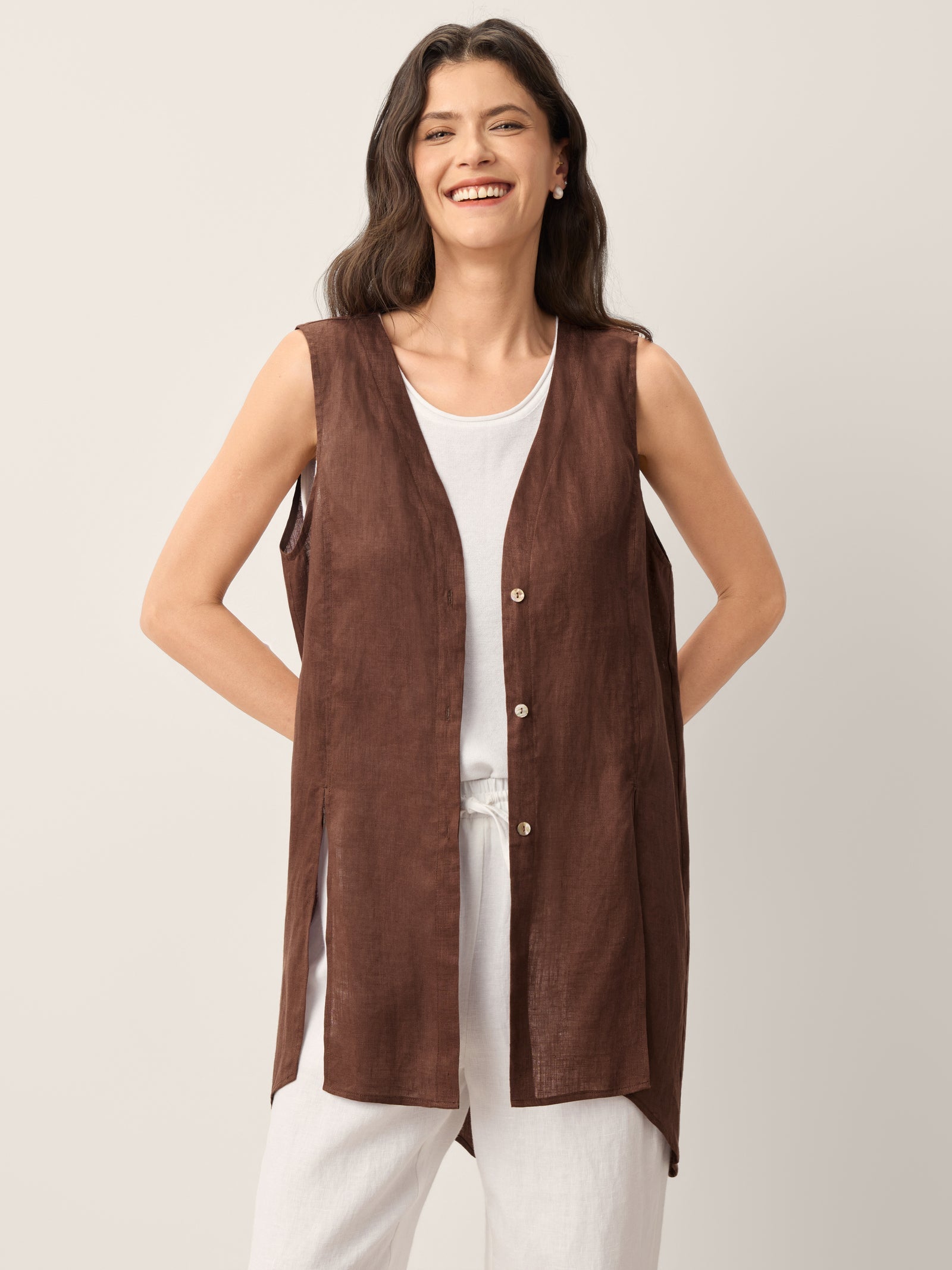 100% Linen Shell Button Slit Overtop DOMINIQUE