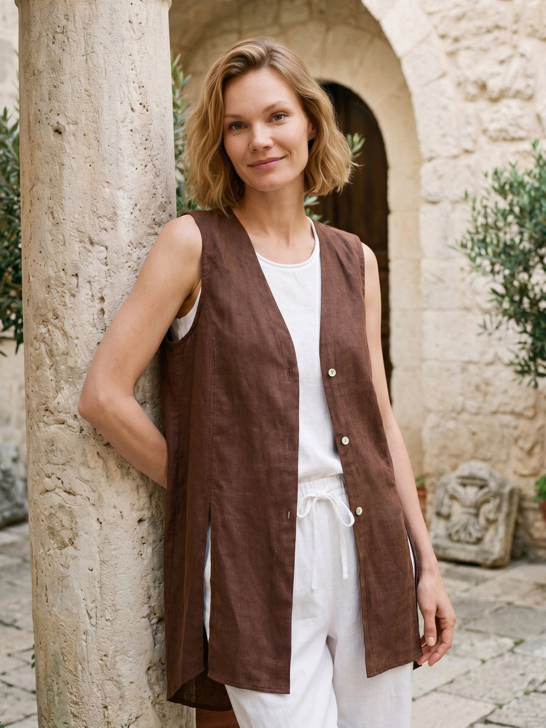100% Linen Shell Button Slit Overtop DOMINIQUE