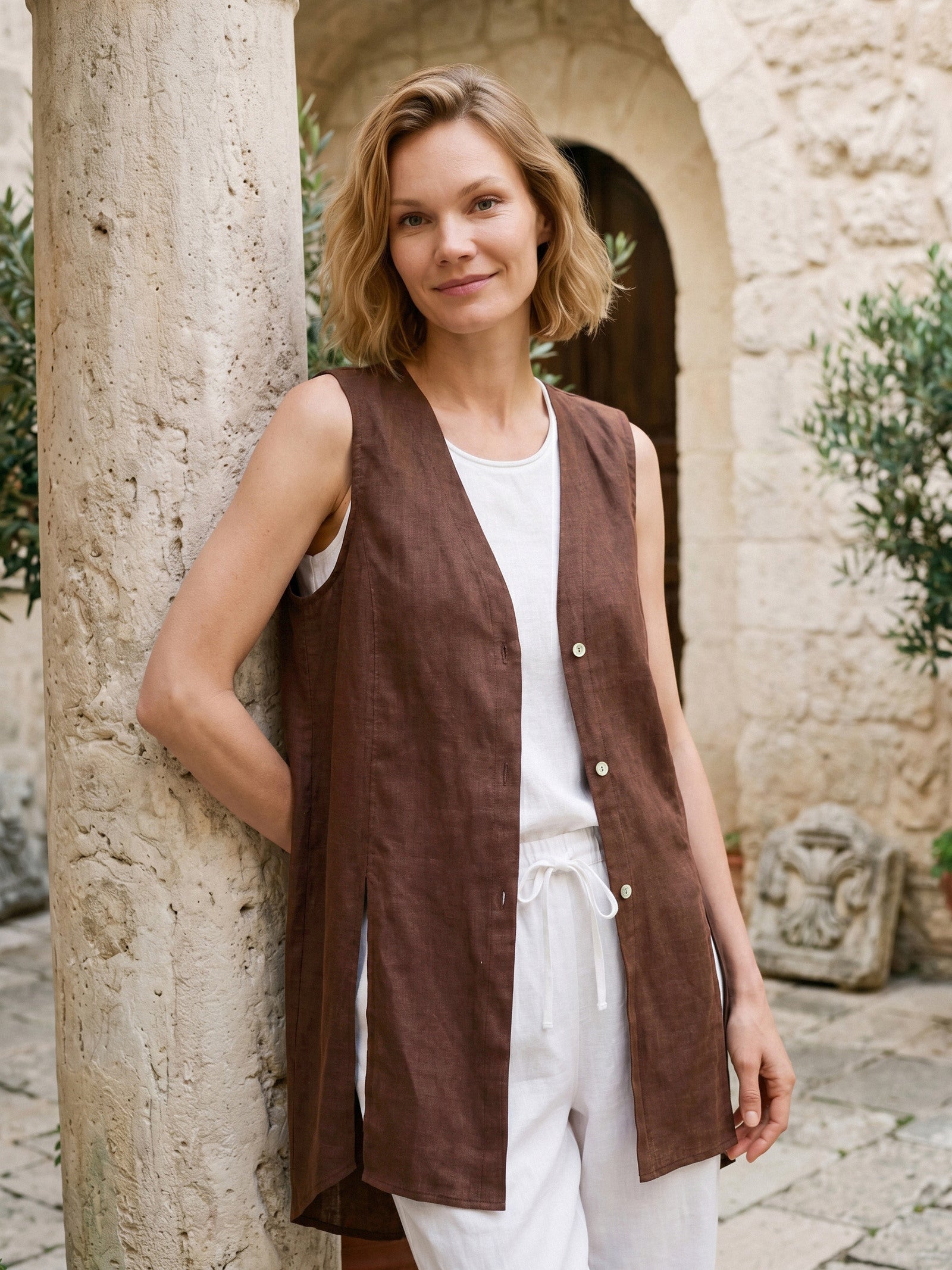 100% Linen Shell Button Slit Overtop DOMINIQUE