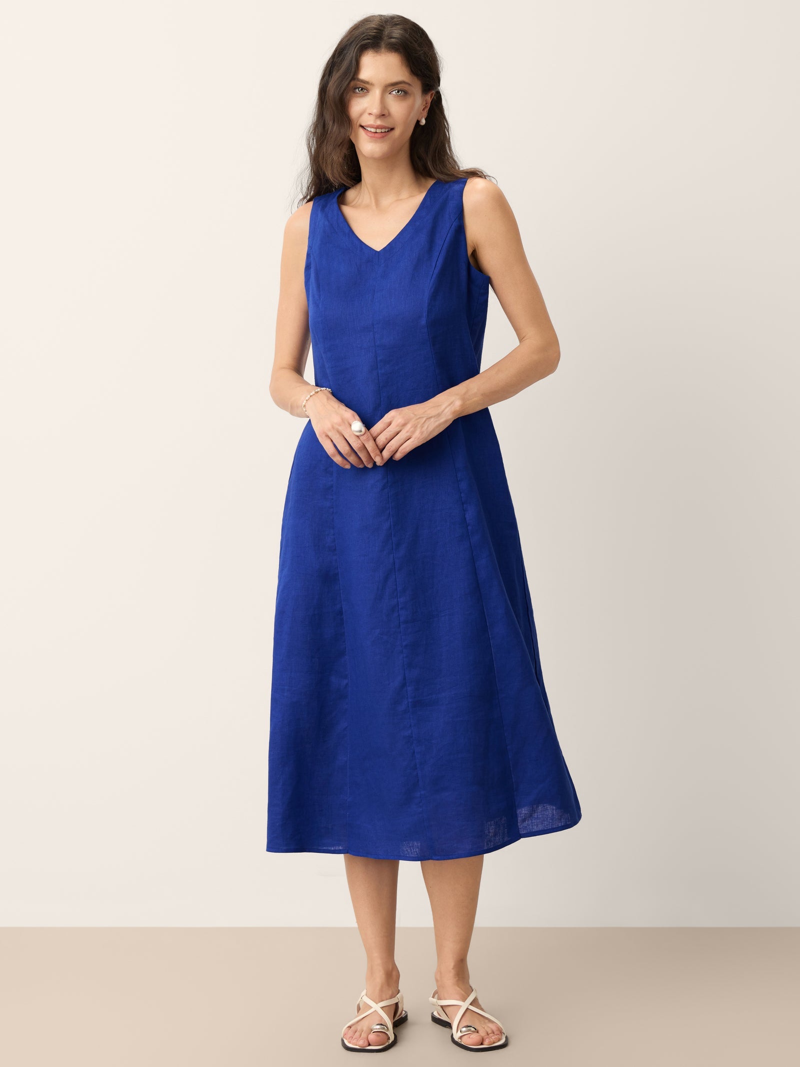 100% Linen Sleeveless V-Neck A-Line Midi Dress MARCELINE