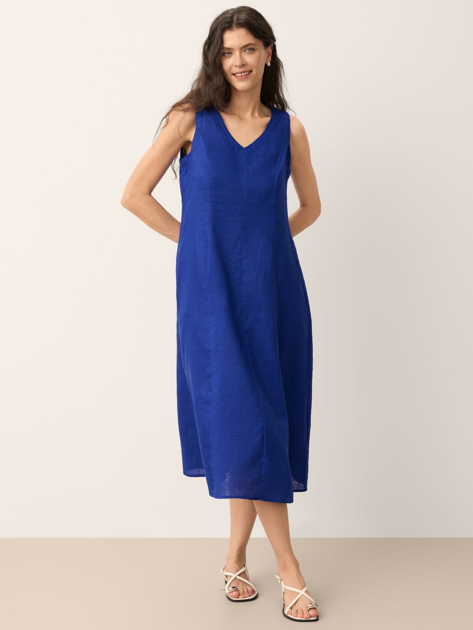 100% Linen Sleeveless V-Neck A-Line Midi Dress MARCELINE