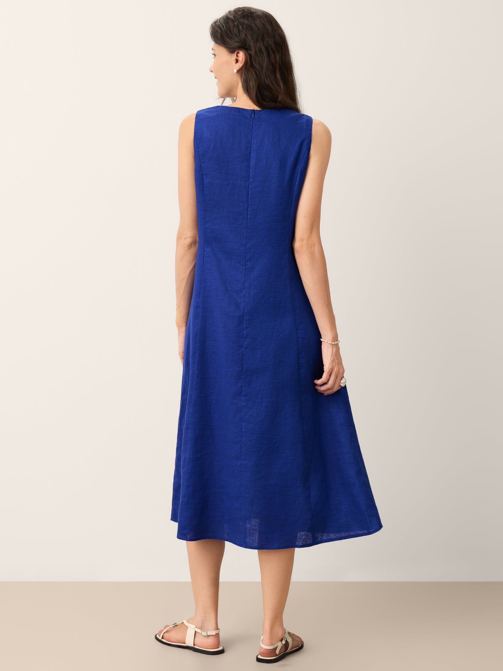 100% Linen Sleeveless V-Neck A-Line Midi Dress MARCELINE