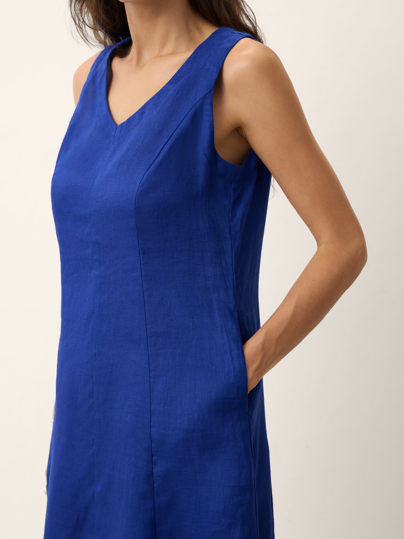 100% Linen Sleeveless V-Neck A-Line Midi Dress MARCELINE