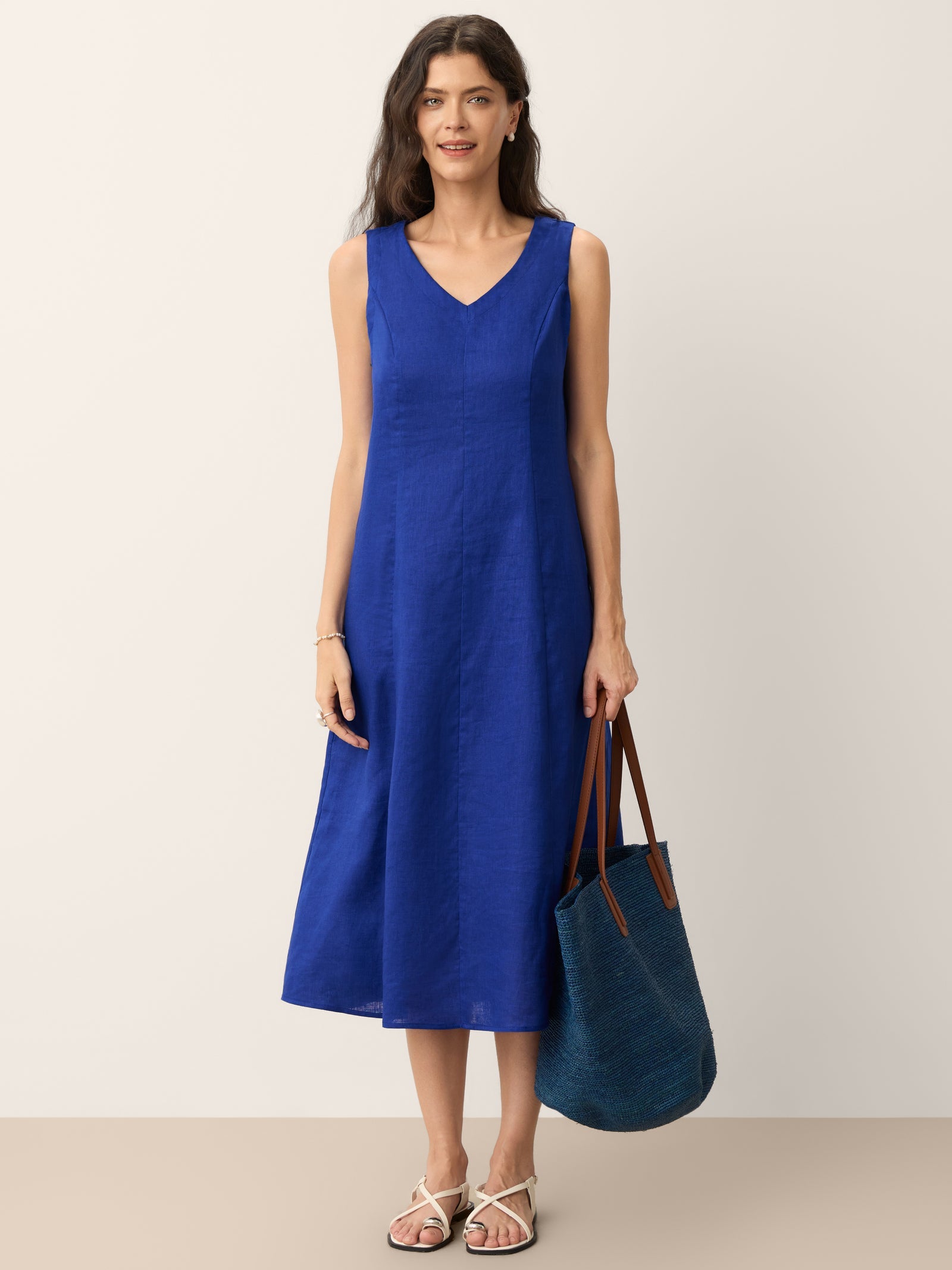 100% Linen Sleeveless V-Neck A-Line Midi Dress MARCELINE