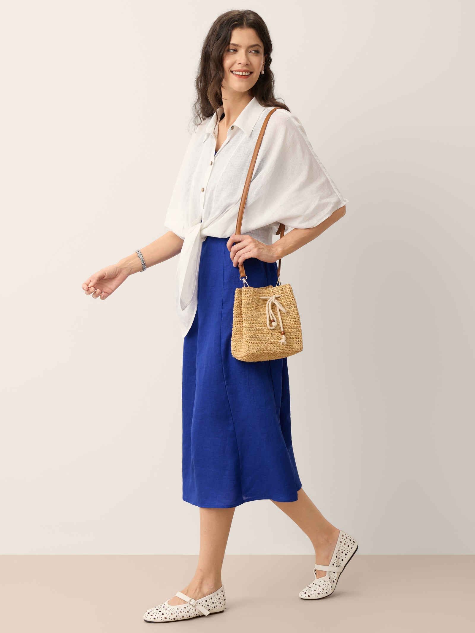 100% Linen Sleeveless V-Neck A-Line Midi Dress MARCELINE
