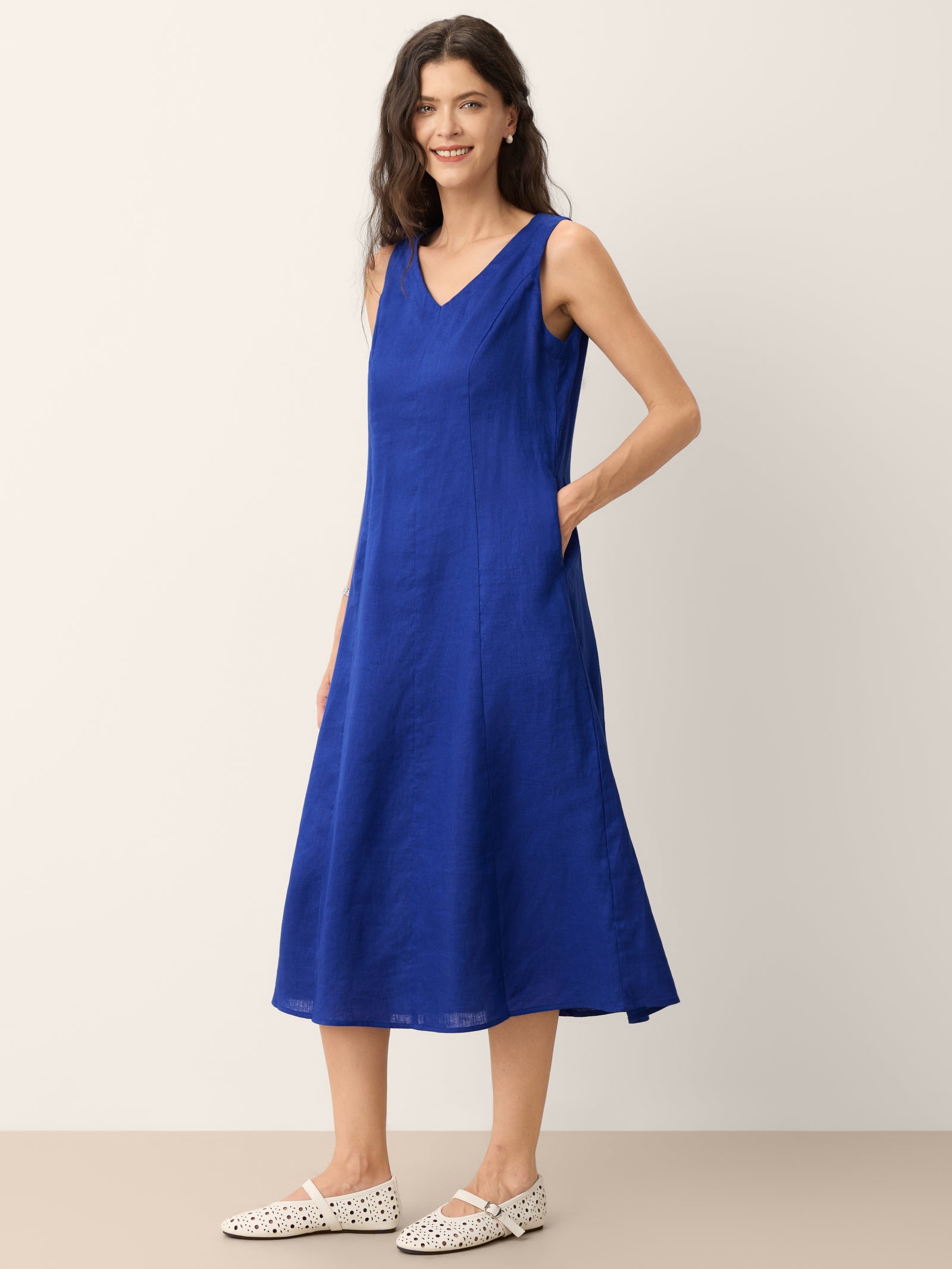 100% Linen Sleeveless V-Neck A-Line Midi Dress MARCELINE
