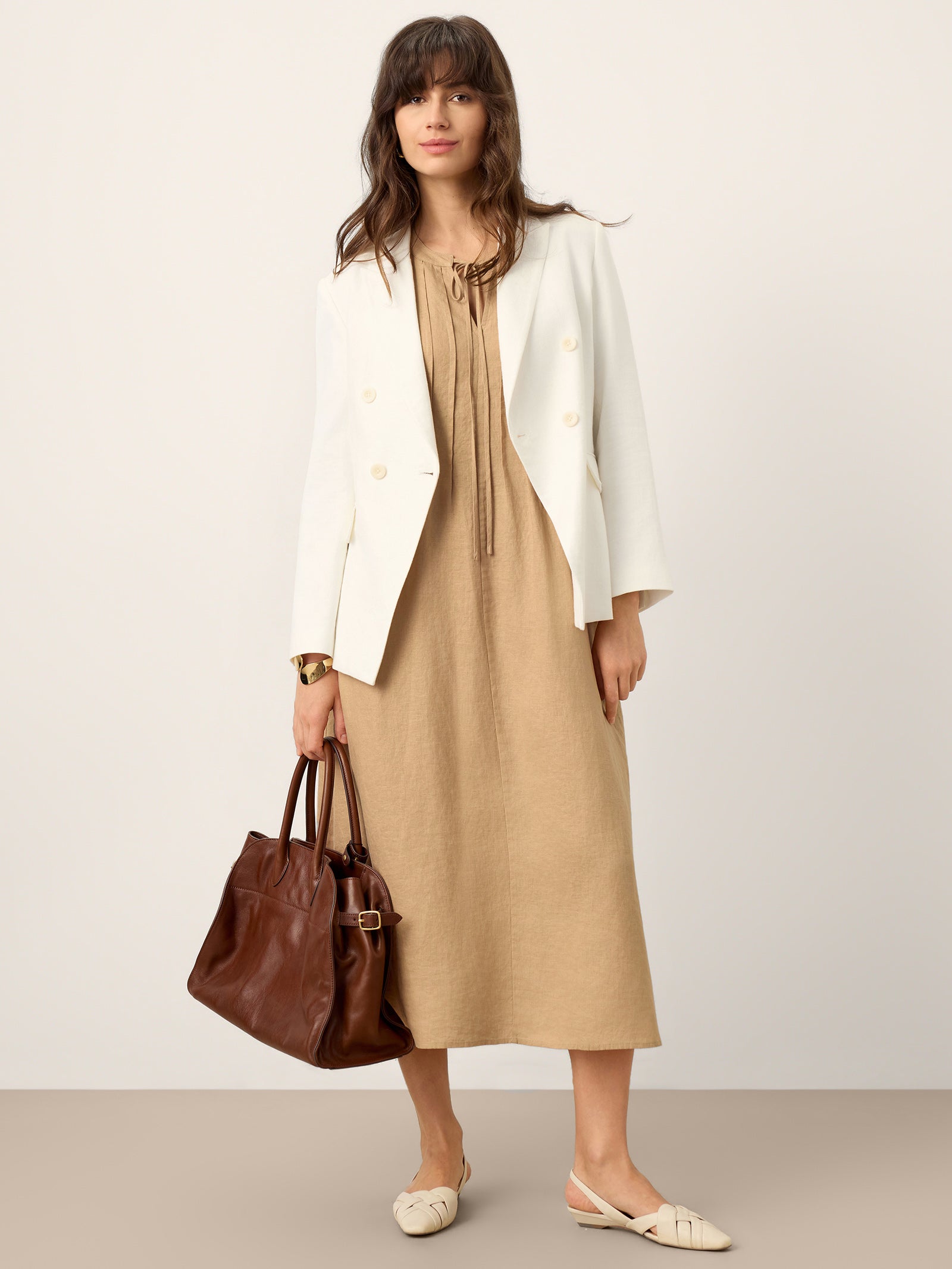 100% Linen Sleeveless Tie-Neck Pintucked Maxi Dress MILLICENT