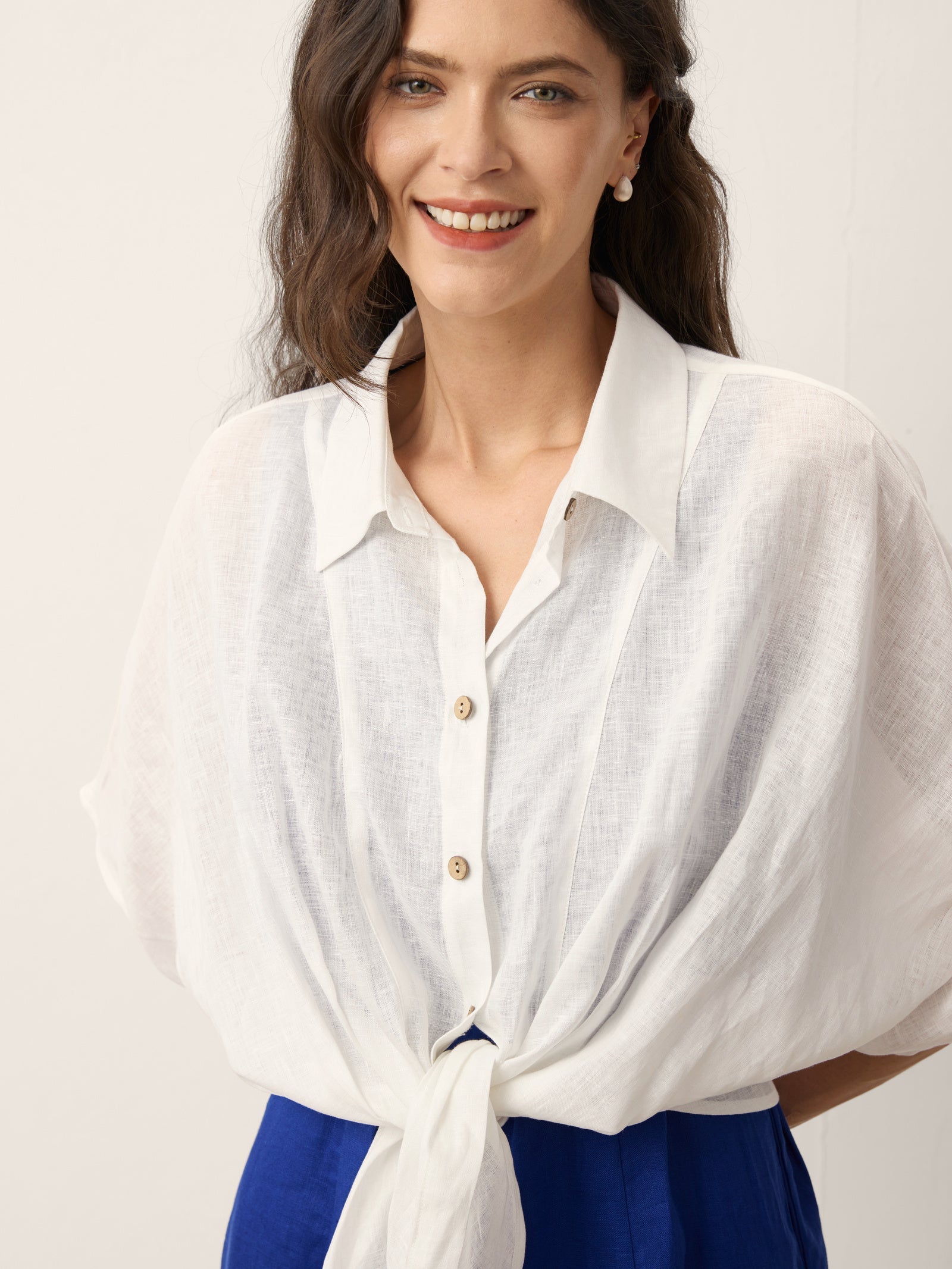 100% Linen Tie Hem Drop Shoulder Shirt XAVIERA