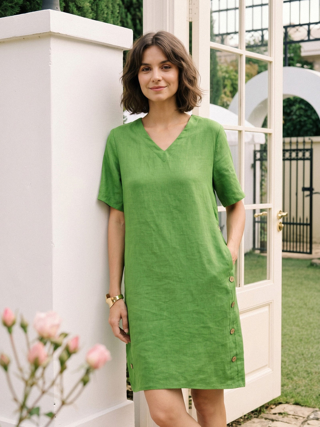 100% Linen Wood Button Elasticated Back Cocoon Mini Dress ROSALIND