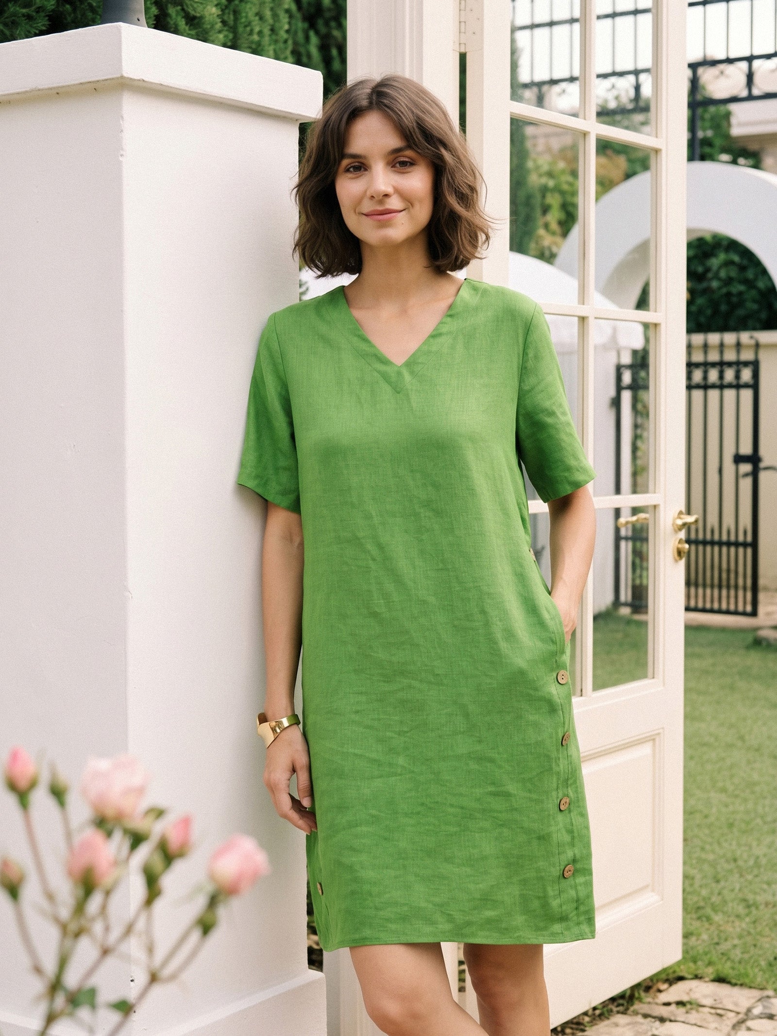100% Linen Wood Button Elasticated Back Cocoon Mini Dress ROSALIND