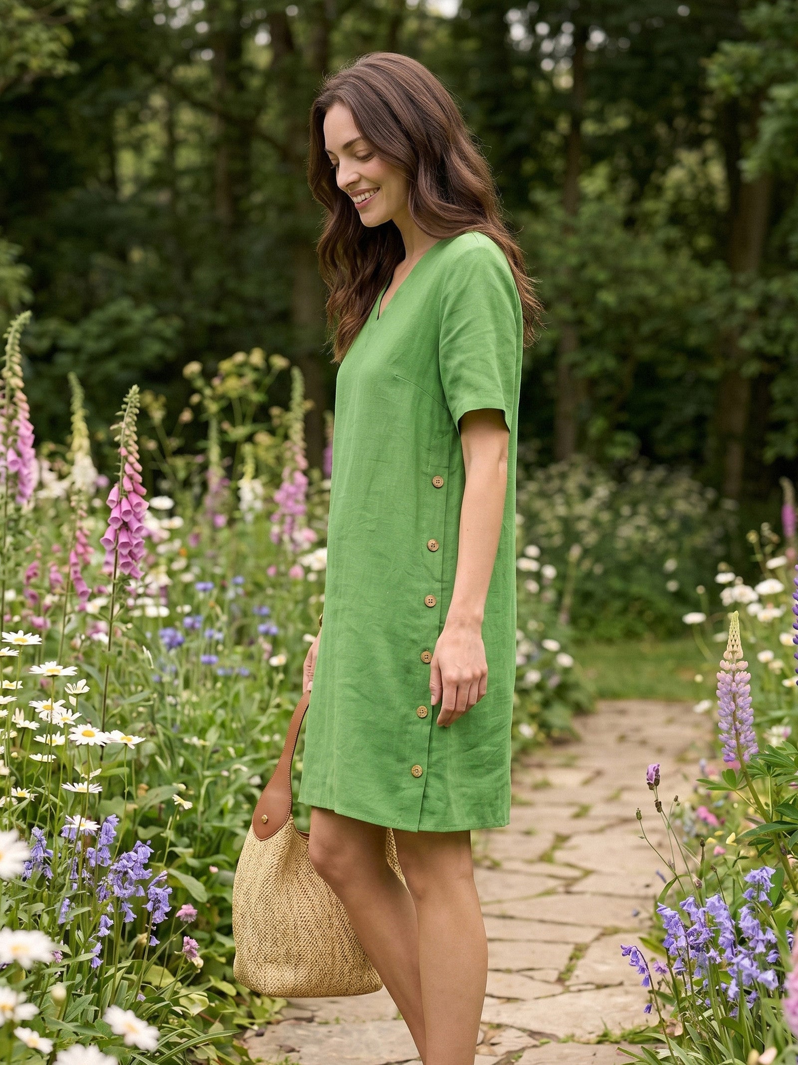 100% Linen Wood Button Elasticated Back Cocoon Mini Dress ROSALIND