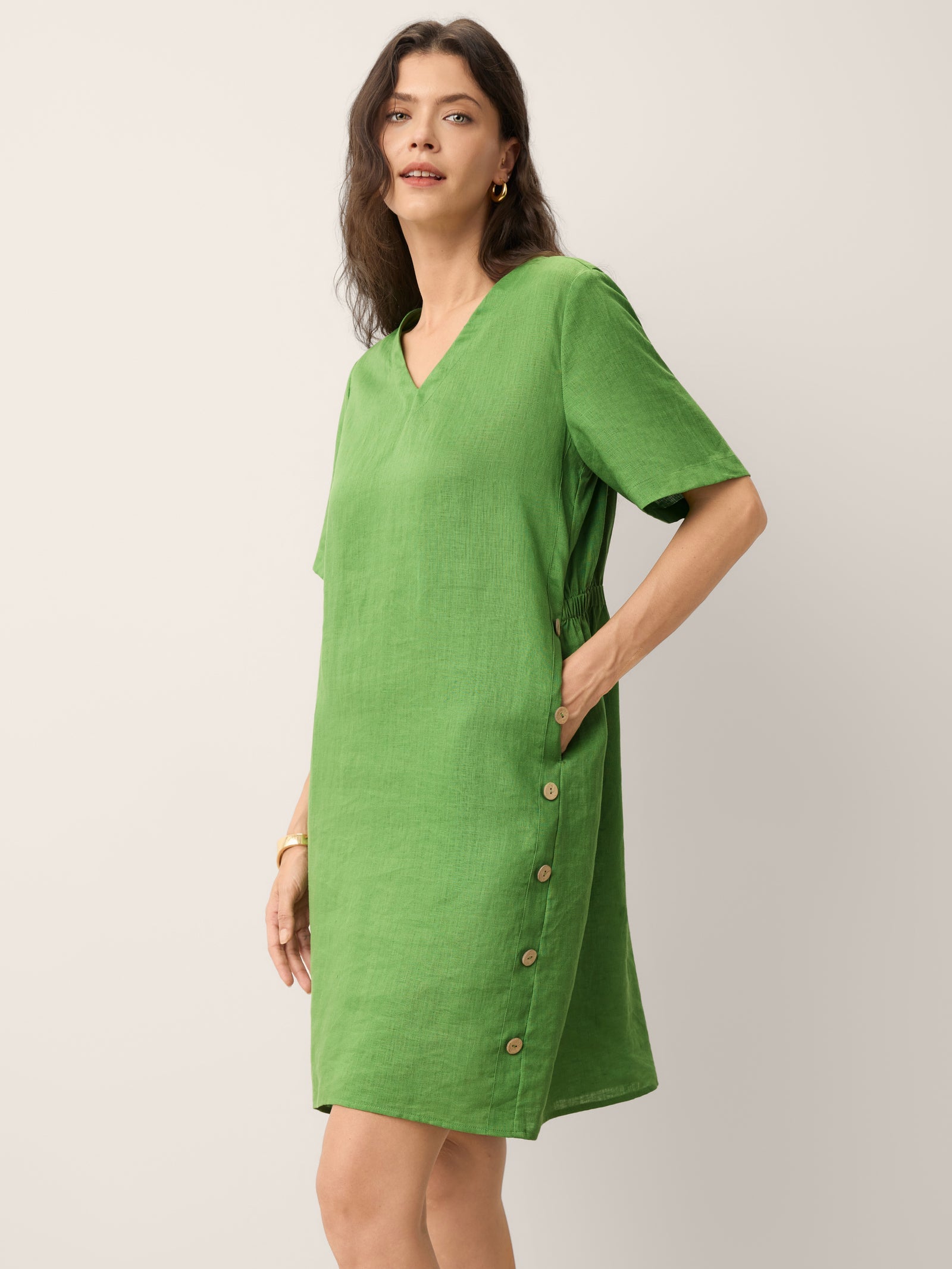 100% Linen Wood Button Elasticated Back Cocoon Mini Dress ROSALIND