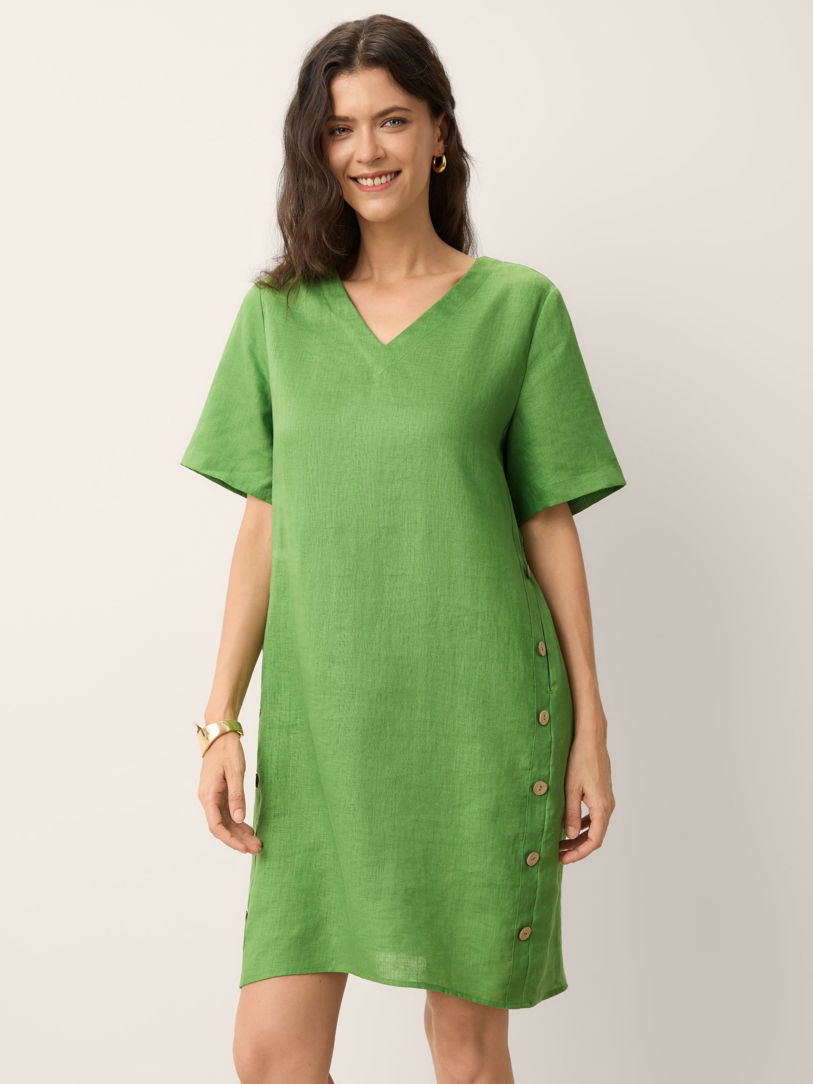 100% Linen Wood Button Elasticated Back Cocoon Mini Dress ROSALIND