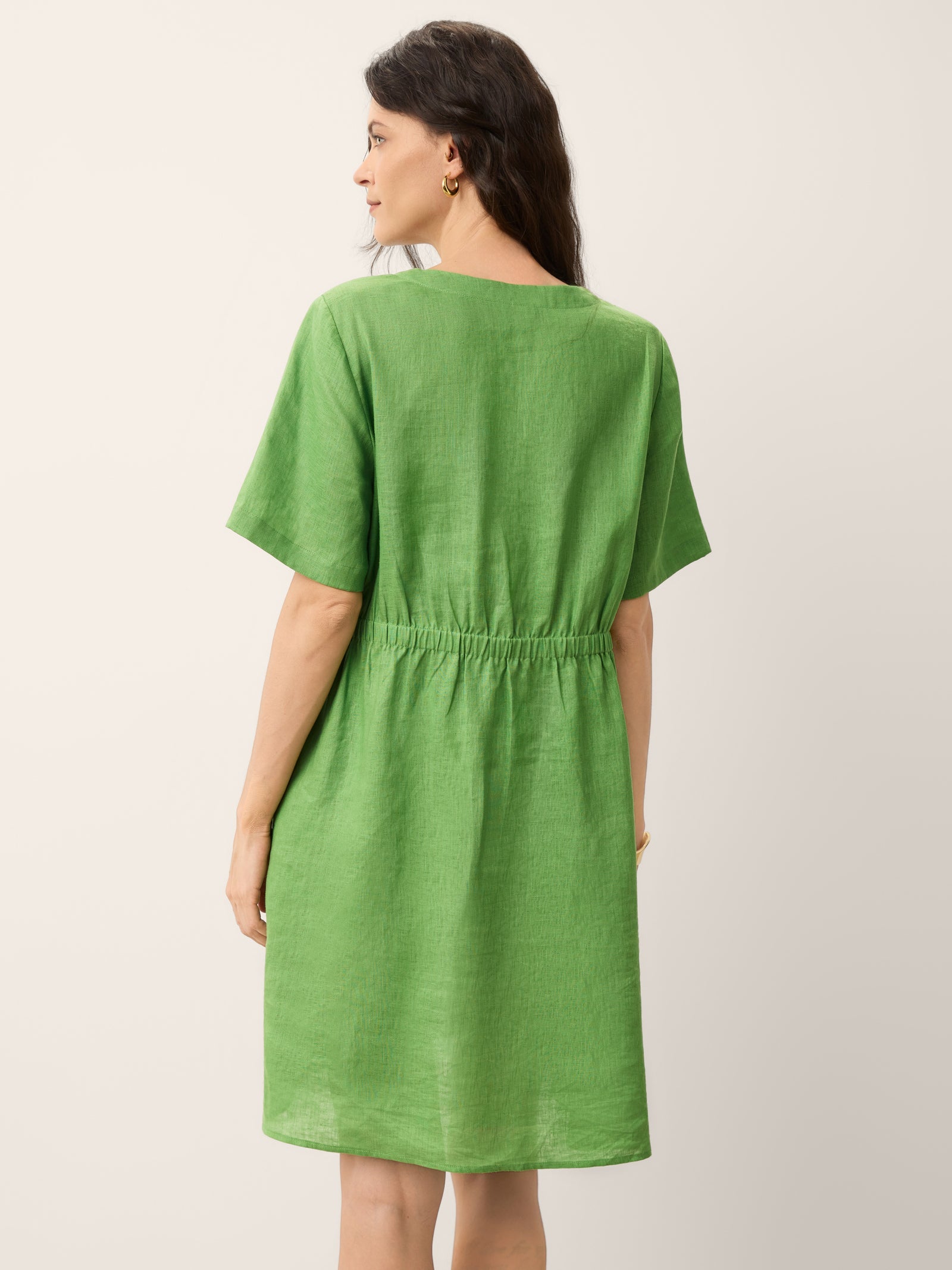 100% Linen Wood Button Elasticated Back Cocoon Mini Dress ROSALIND