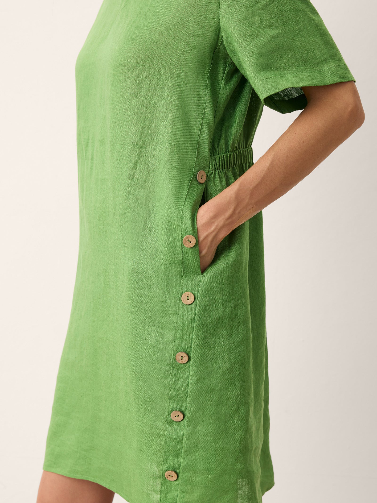 100% Linen Wood Button Elasticated Back Cocoon Mini Dress ROSALIND