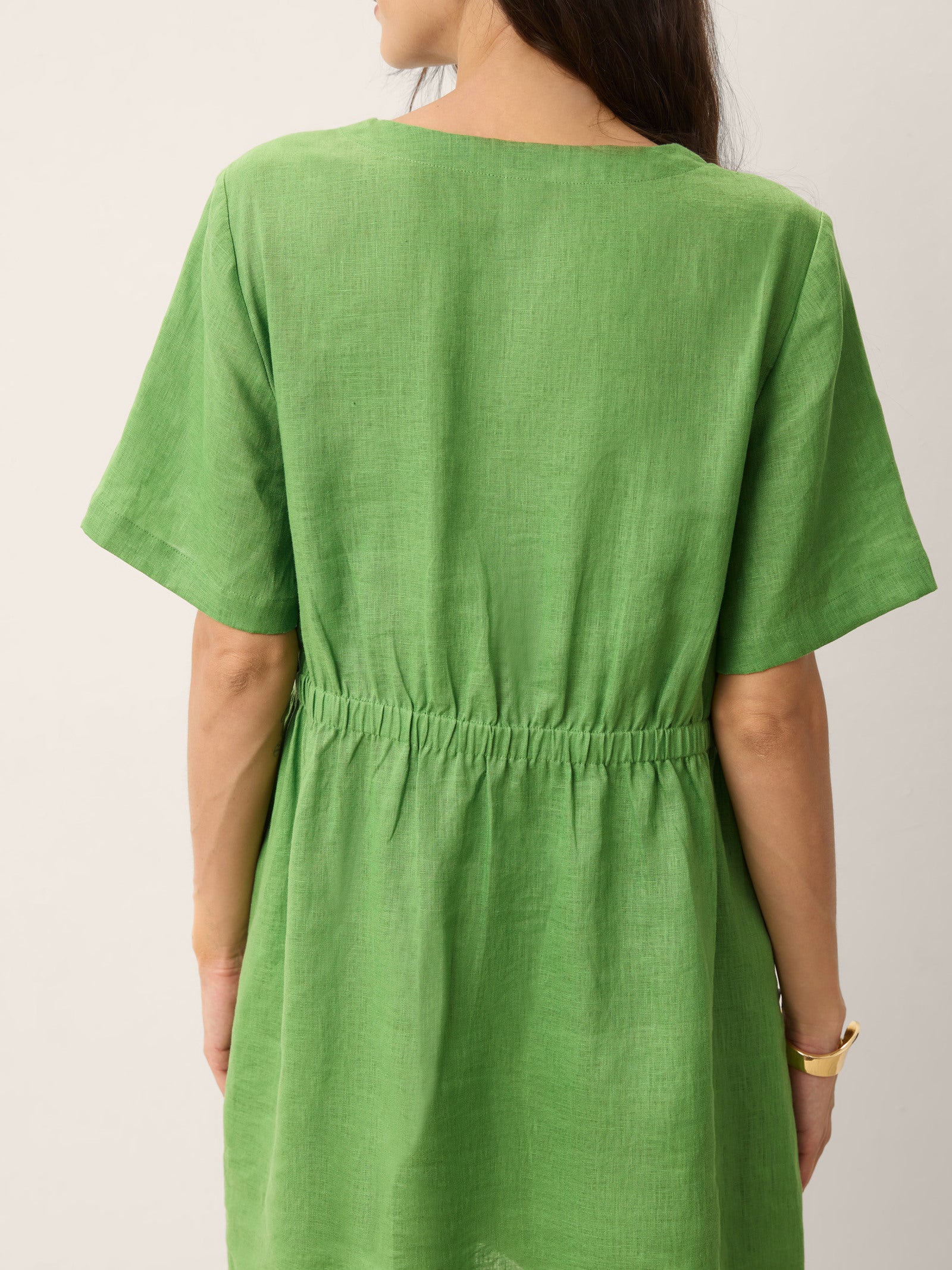 100% Linen Wood Button Elasticated Back Cocoon Mini Dress ROSALIND