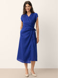 100% Linen Wrap Tie Waist A-Line Midi Dress KERSTIN