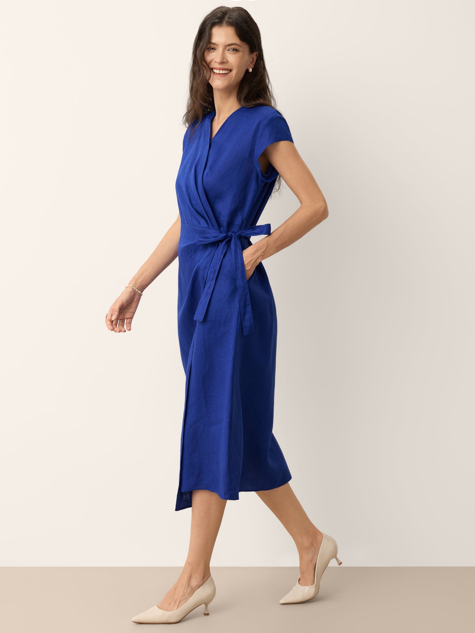 100% Linen Wrap Tie Waist A-Line Midi Dress KERSTIN