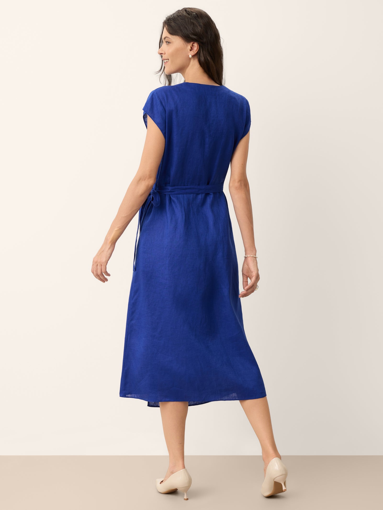 100% Linen Wrap Tie Waist A-Line Midi Dress KERSTIN