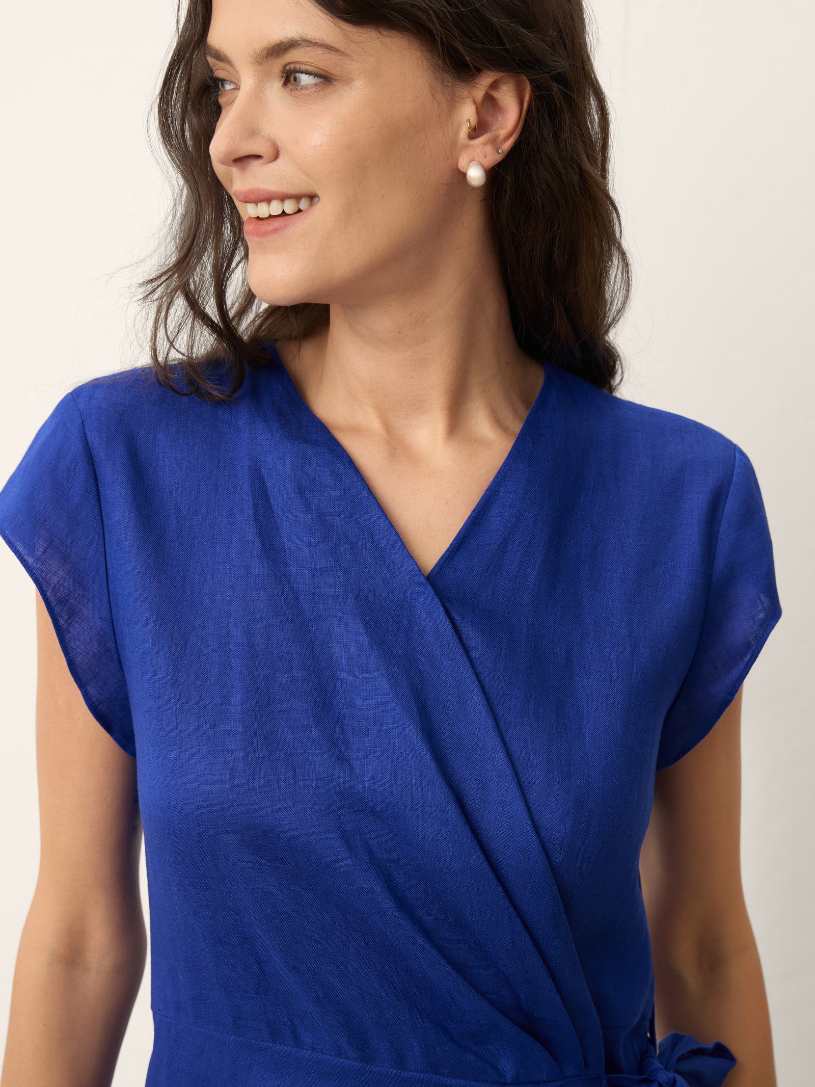 100% Linen Wrap Tie Waist A-Line Midi Dress KERSTIN