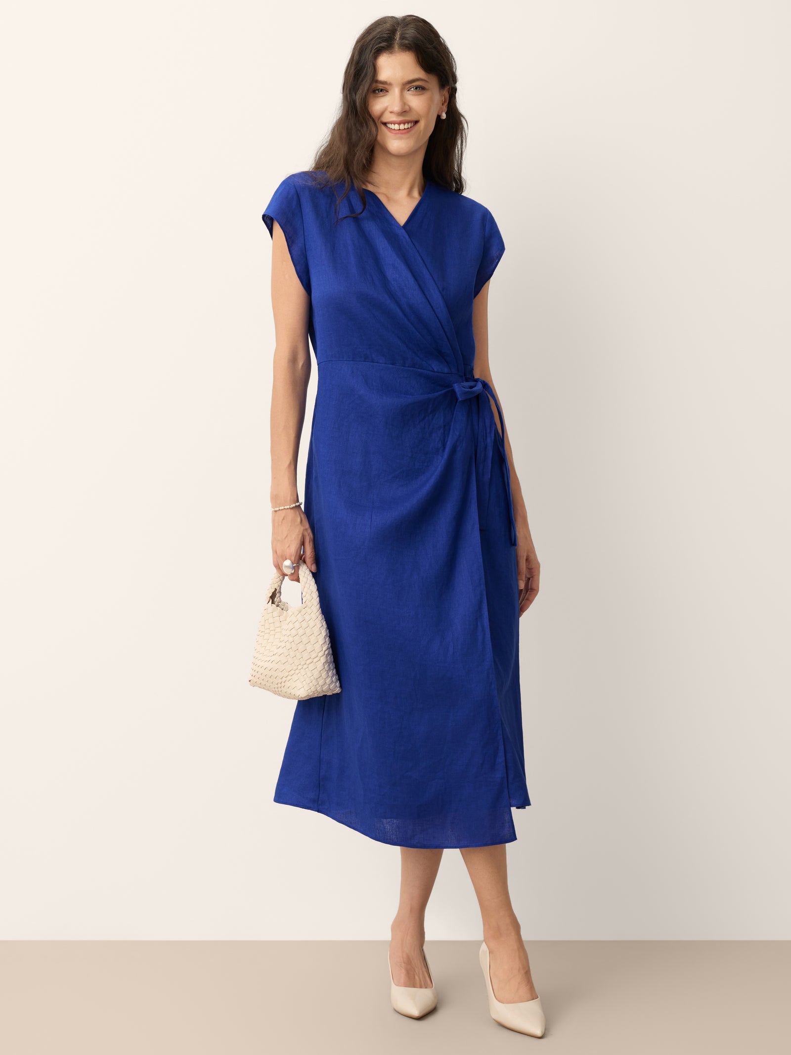 100% Linen Wrap Tie Waist A-Line Midi Dress KERSTIN