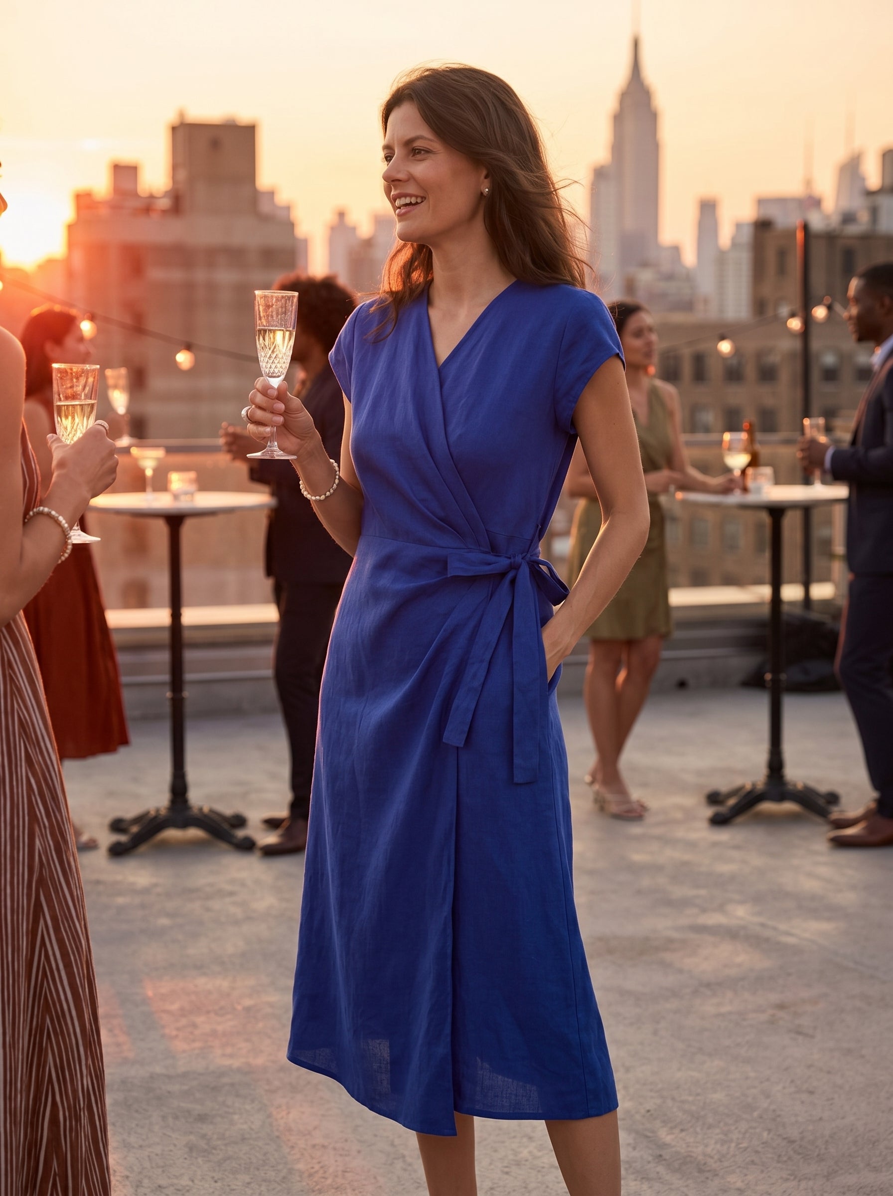 100% Linen Wrap Tie Waist A-Line Midi Dress KERSTIN