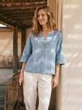 100% Linen Drop Shoulder V-Neck Statement Button Top LISARA